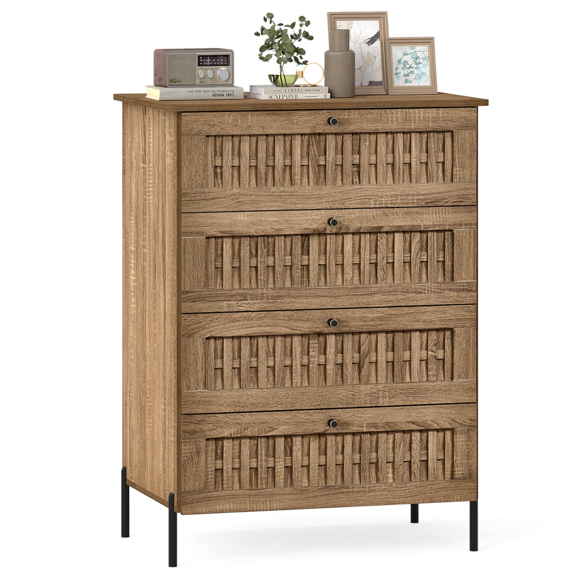 4-Drawer Dresser with Interlocking Mechanism and Metal Legs for Bedroom-Oak-Dressers & Chests-DECOROLALA