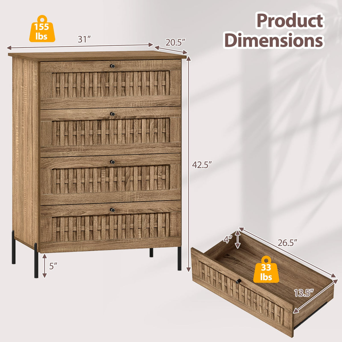 4-Drawer Dresser with Interlocking Mechanism and Metal Legs for Bedroom-Oak-Dressers & Chests-DECOROLALA