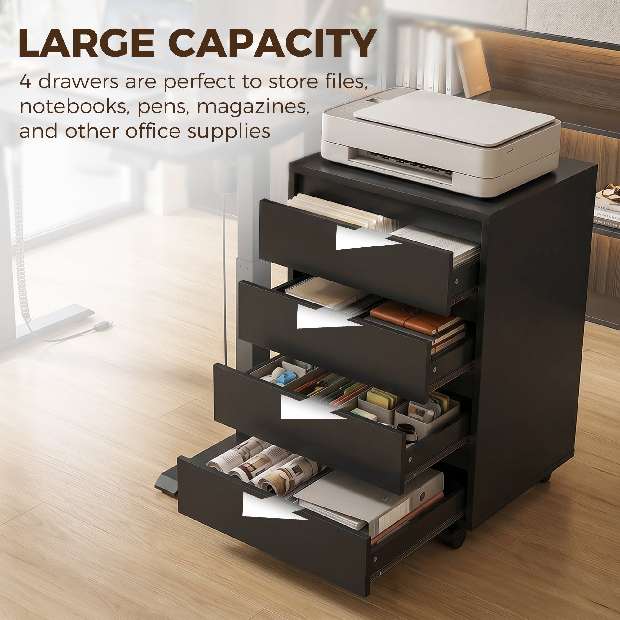 4 Drawer File Cabinet, Vertical Filing Cabinet with Wheels, Modern Printer Stand for Home Office, Black-Office Products > Office Furniture > Office Cabinets & Cupboards-DECOROLALA