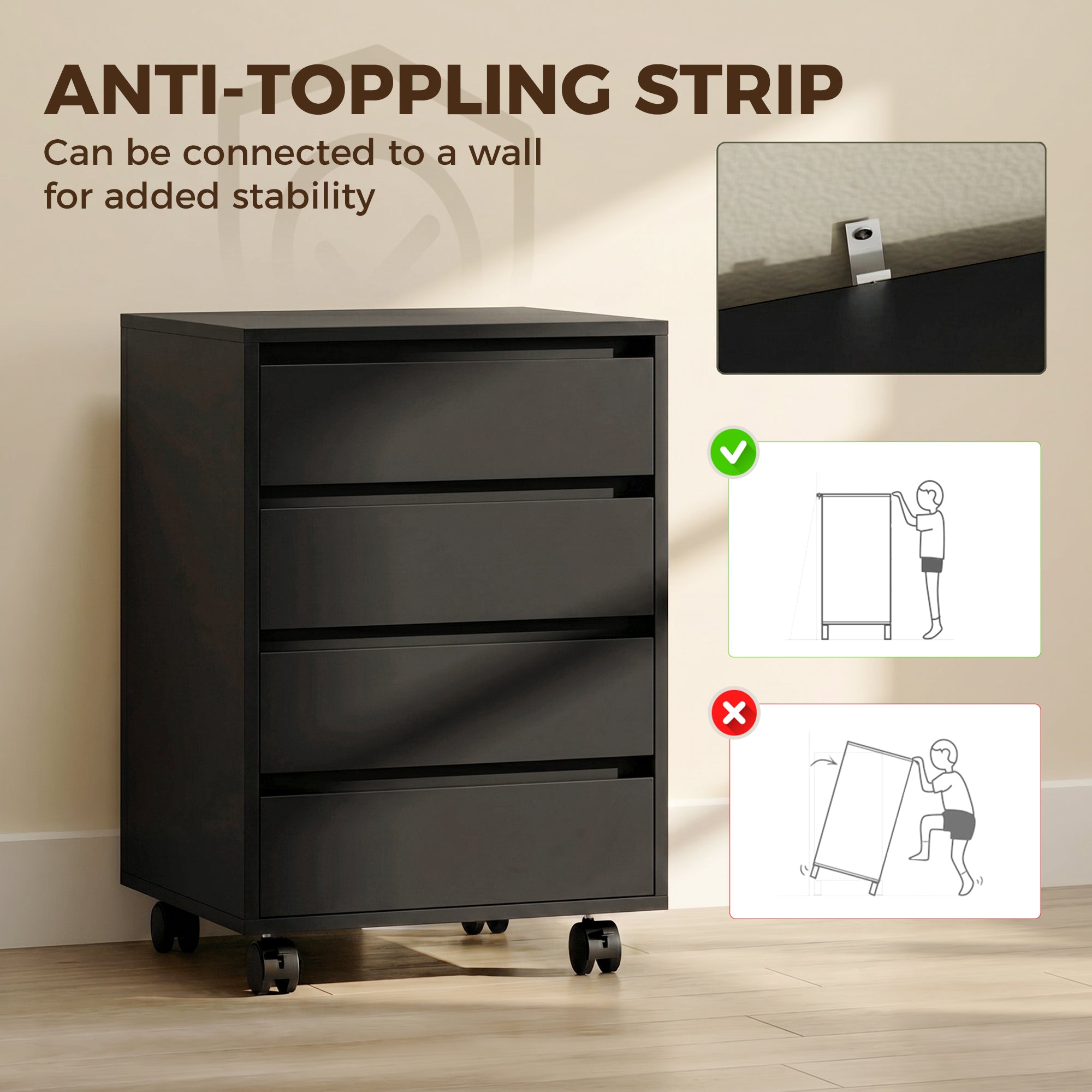 4 Drawer File Cabinet, Vertical Filing Cabinet with Wheels, Modern Printer Stand for Home Office, Black-Office Products > Office Furniture > Office Cabinets & Cupboards-DECOROLALA