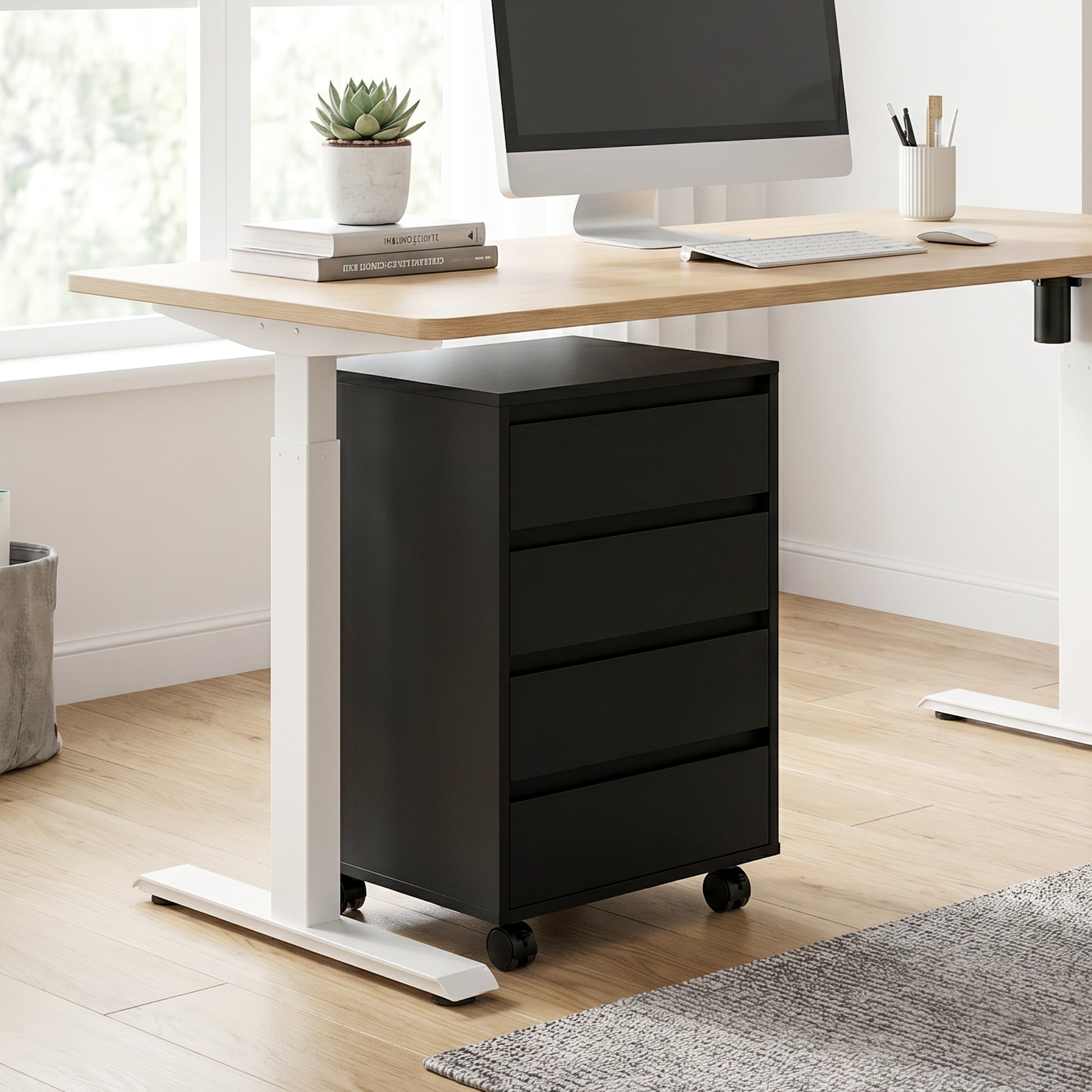 4 Drawer File Cabinet, Vertical Filing Cabinet with Wheels, Modern Printer Stand for Home Office, Black-Office Products > Office Furniture > Office Cabinets & Cupboards-DECOROLALA