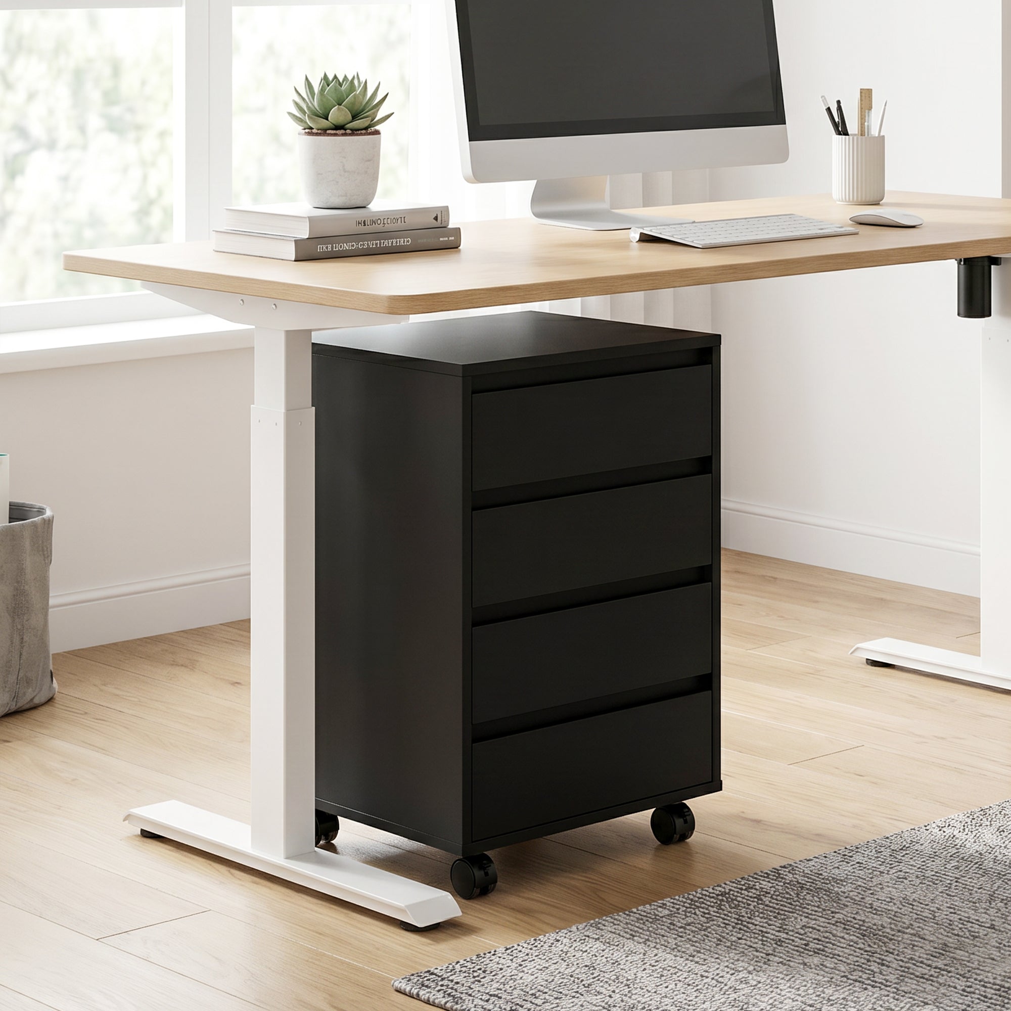 4 Drawer File Cabinet, Vertical Filing Cabinet with Wheels, Modern Printer Stand for Home Office, Black-Office Products > Office Furniture > Office Cabinets & Cupboards-DECOROLALA