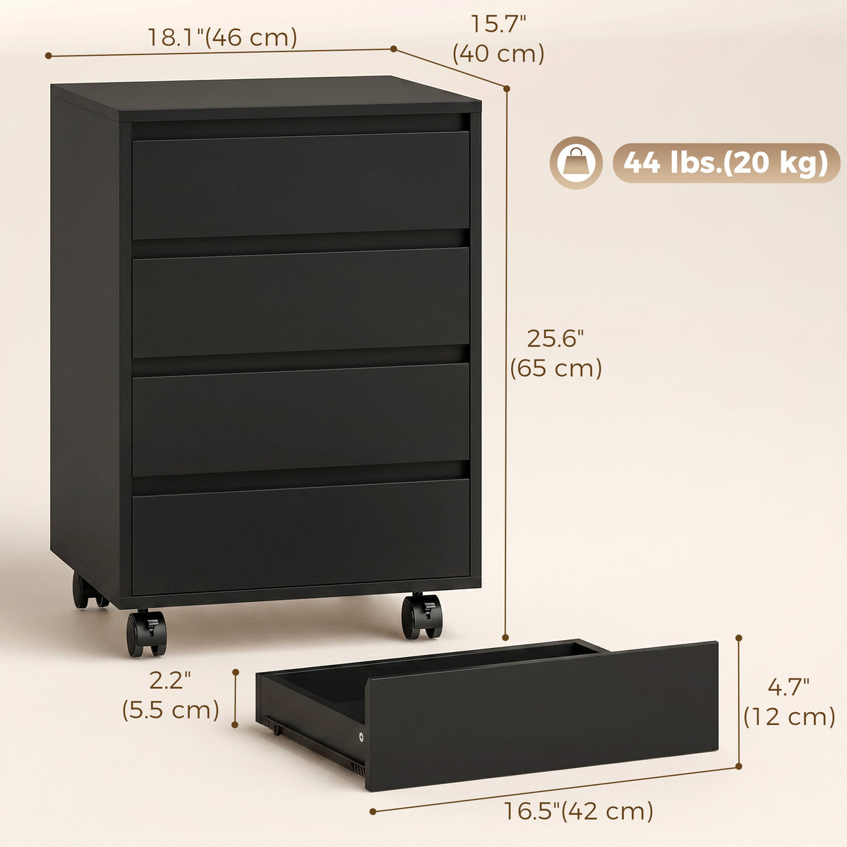 4 Drawer File Cabinet, Vertical Filing Cabinet with Wheels, Modern Printer Stand for Home Office, Black-Office Storage Cabinets-DECOROLALA