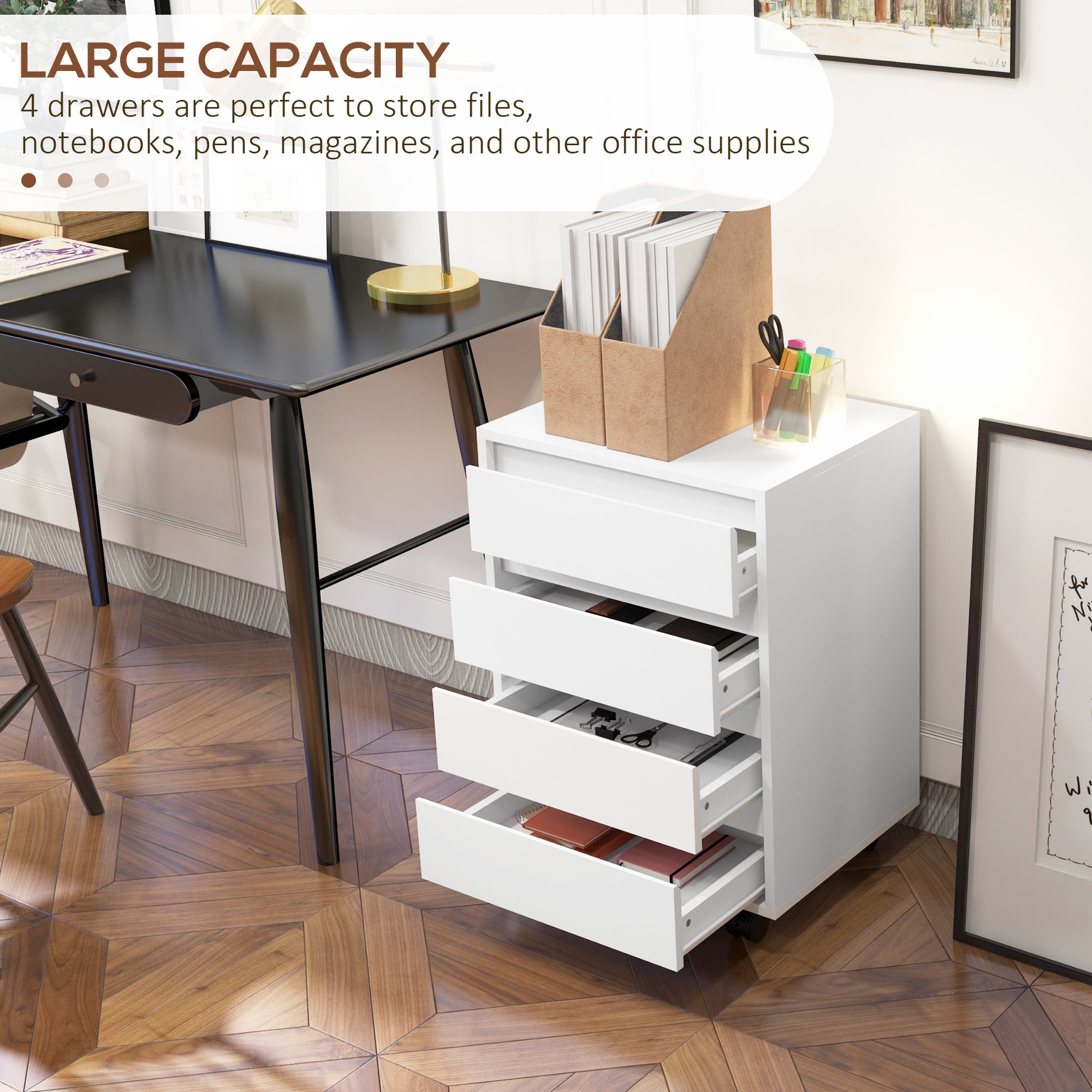4 Drawer File Cabinet, Vertical Filing Cabinet with Wheels, Modern Printer Stand for Home Office, White-Office Products > Office Furniture > Office Cabinets & Cupboards-DECOROLALA