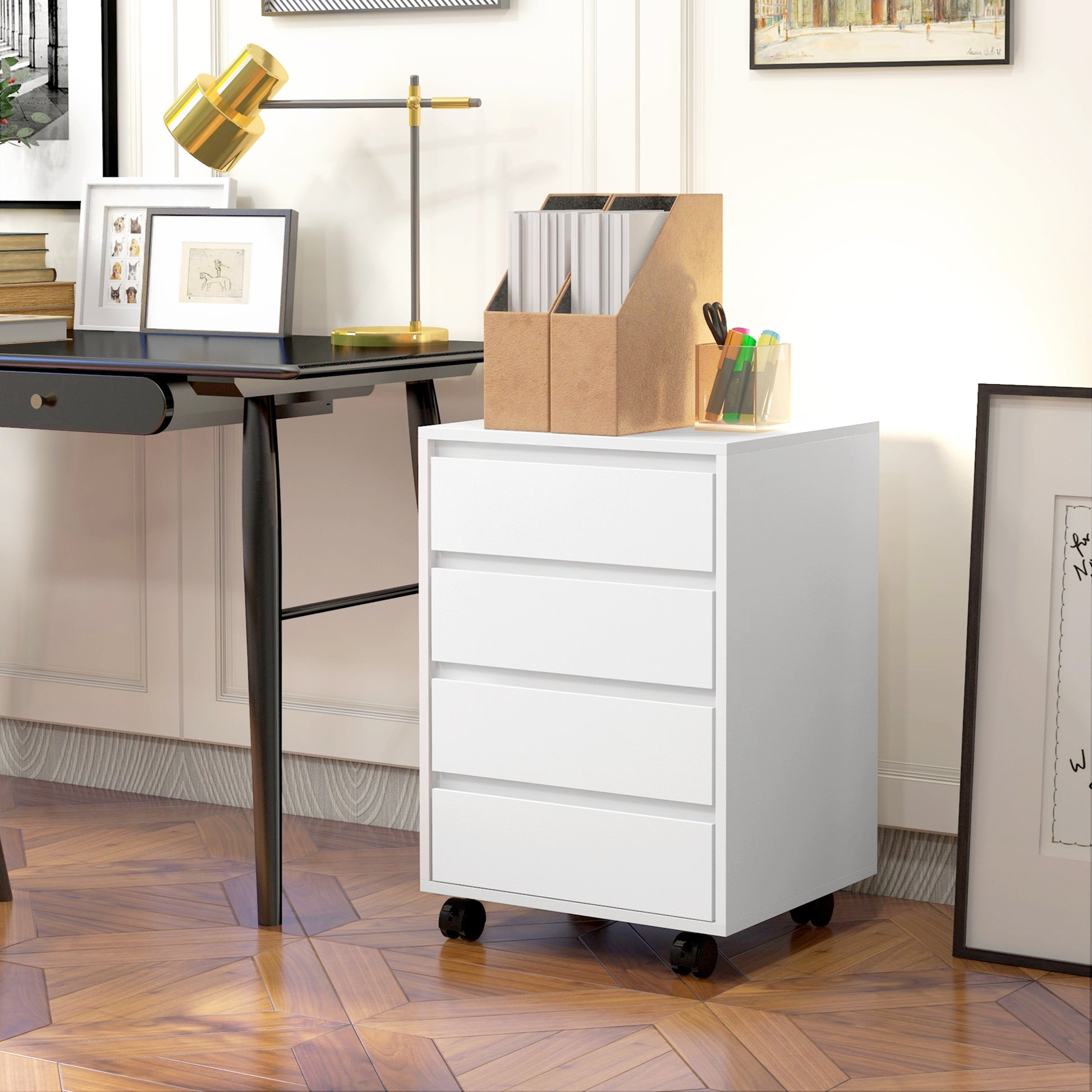 4 Drawer File Cabinet, Vertical Filing Cabinet with Wheels, Modern Printer Stand for Home Office, White-Office Products > Office Furniture > Office Cabinets & Cupboards-DECOROLALA