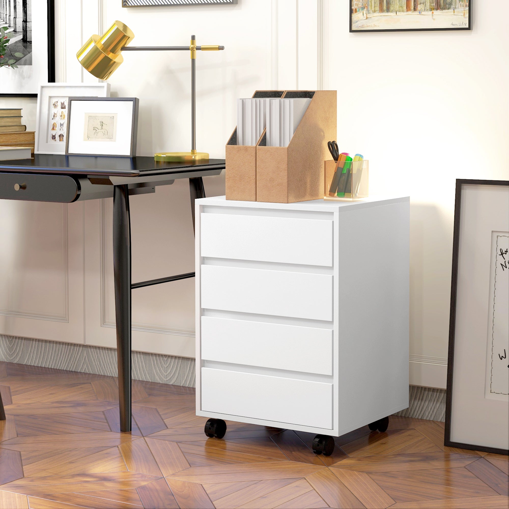 4 Drawer File Cabinet, Vertical Filing Cabinet with Wheels, Modern Printer Stand for Home Office, White-Office Products > Office Furniture > Office Cabinets & Cupboards-DECOROLALA