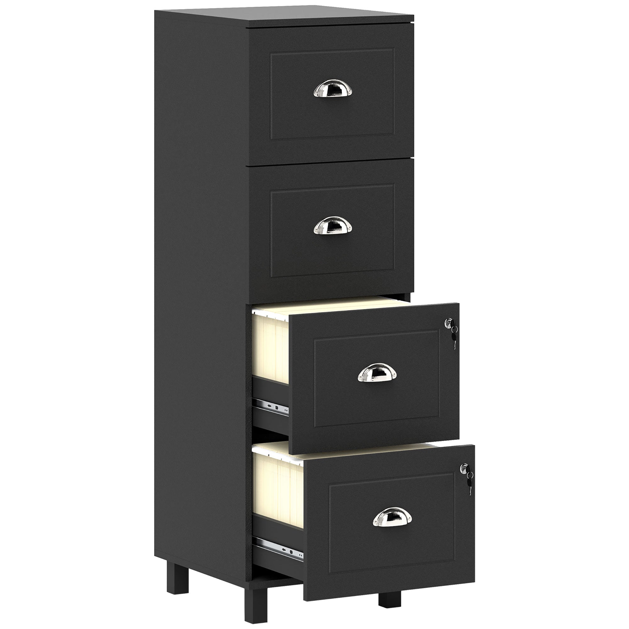 4-Drawer File Cabinet with Lock - Black MDF A4/Letter Size-Office Products > Office Furniture > Office Cabinets & Cupboards-DECOROLALA