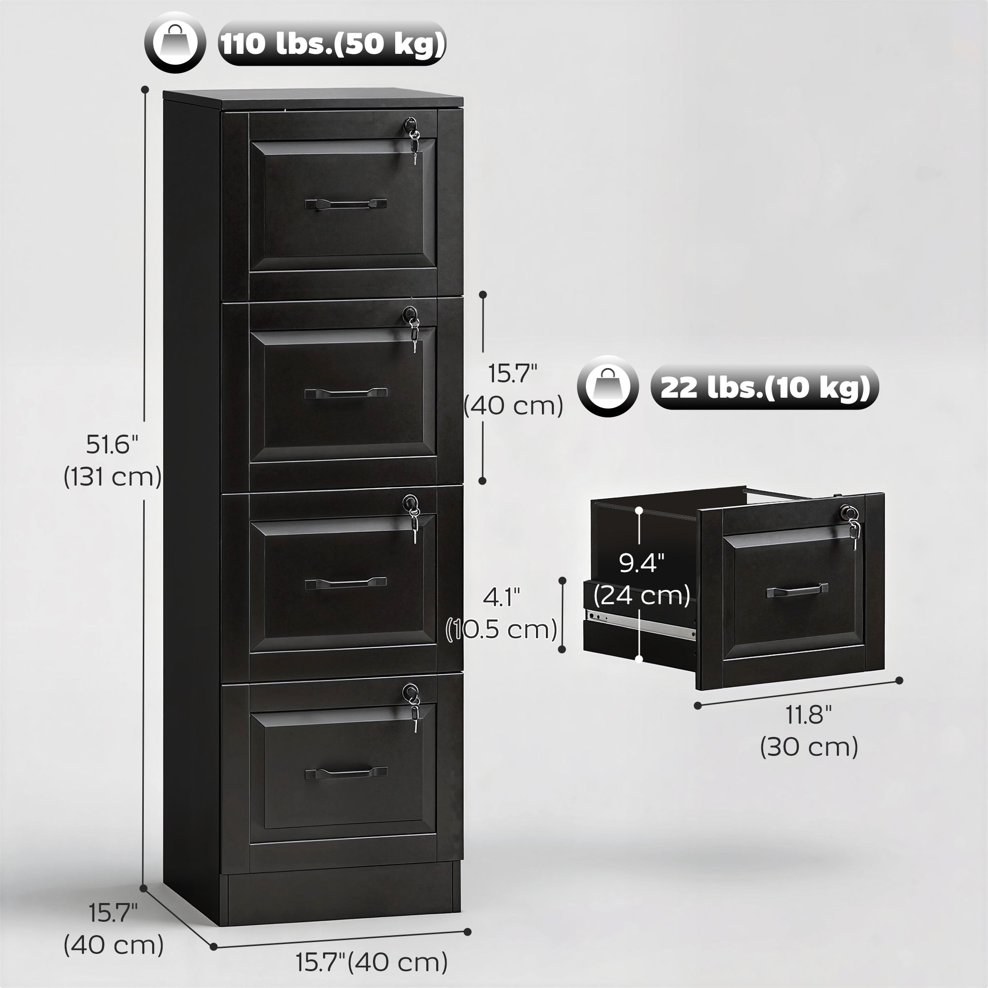 4 Drawer File Cabinet with Lock - Black Vertical-DECOROLALA
