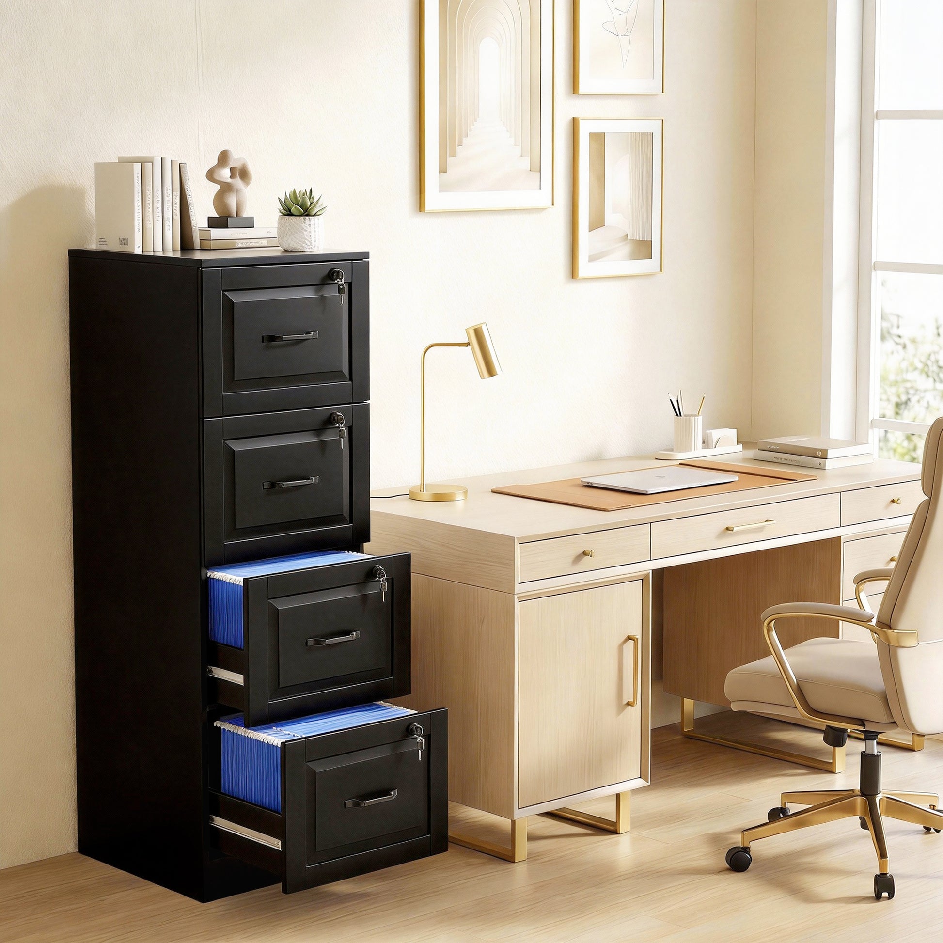 4 Drawer File Cabinet with Lock - Black Vertical-DECOROLALA