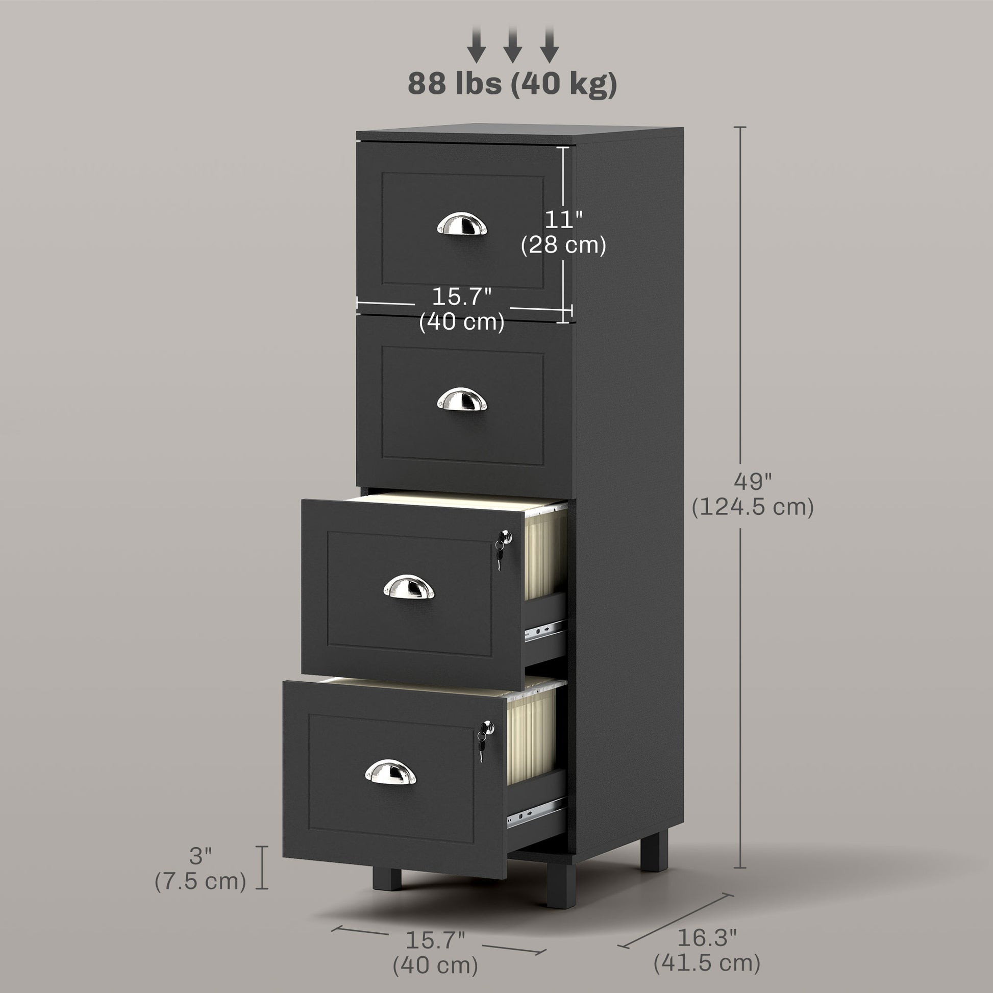 4 Drawer File Cabinet with Lock, Office Filing Cabinet, A4 Letter Size, Hanging File Folders, Black-Office Products > Office Furniture > Office Cabinets & Cupboards-DECOROLALA