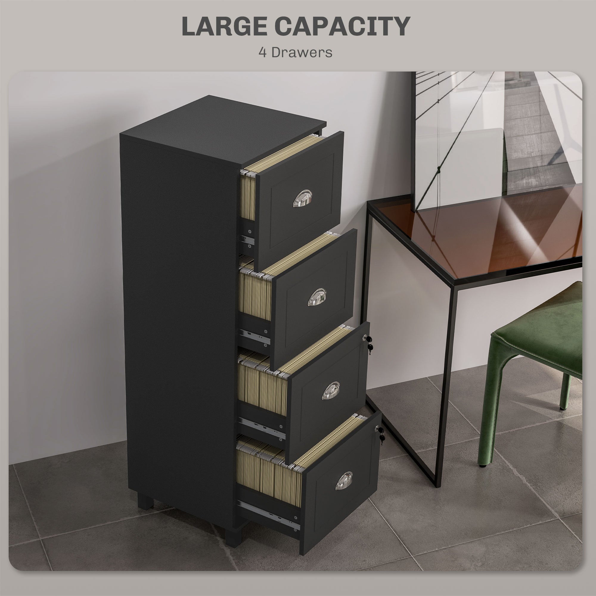 4 Drawer File Cabinet with Lock, Office Filing Cabinet, A4 Letter Size, Hanging File Folders, Black-Office Products > Office Furniture > Office Cabinets & Cupboards-DECOROLALA