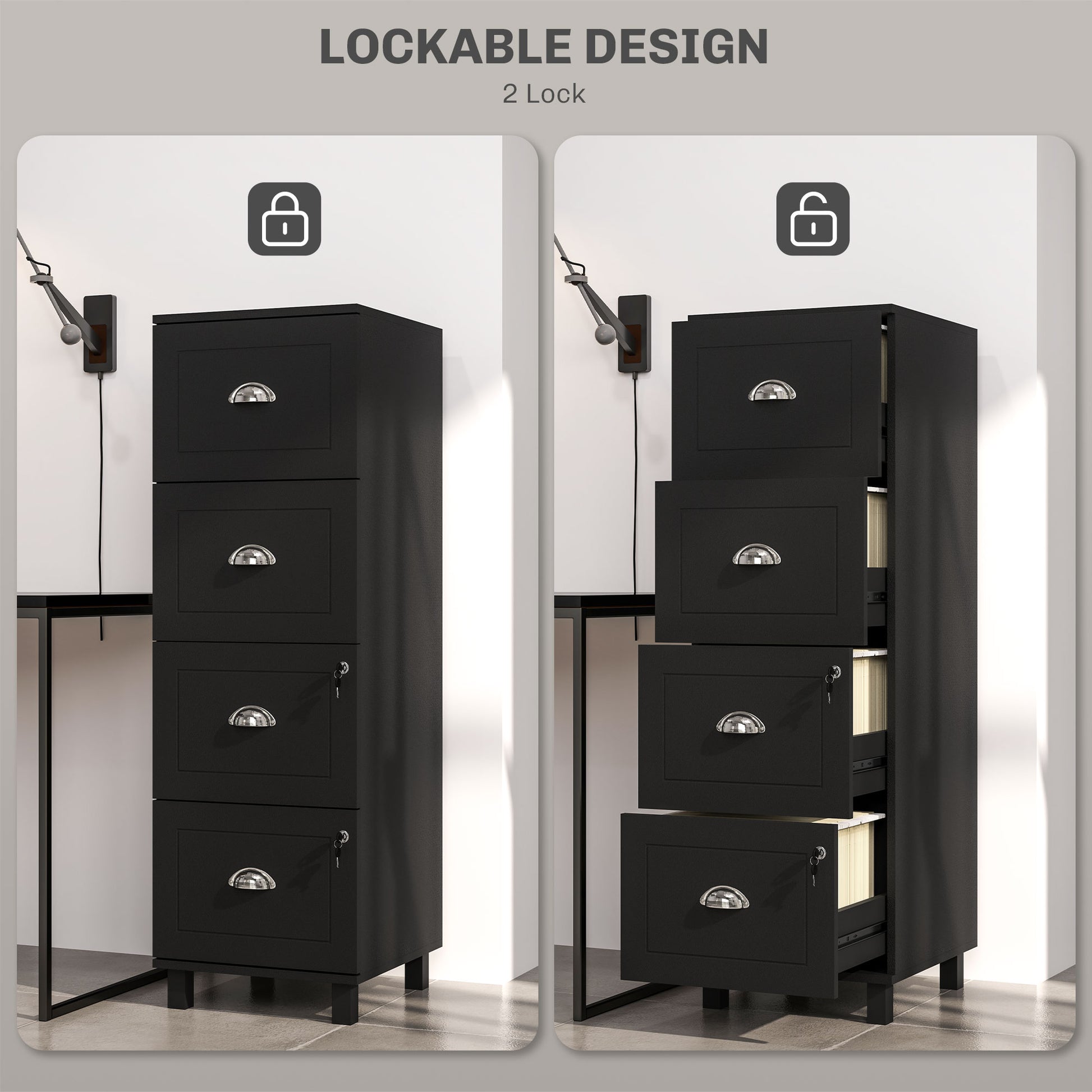 4 Drawer File Cabinet with Lock, Office Filing Cabinet, A4 Letter Size, Hanging File Folders, Black-Office Products > Office Furniture > Office Cabinets & Cupboards-DECOROLALA