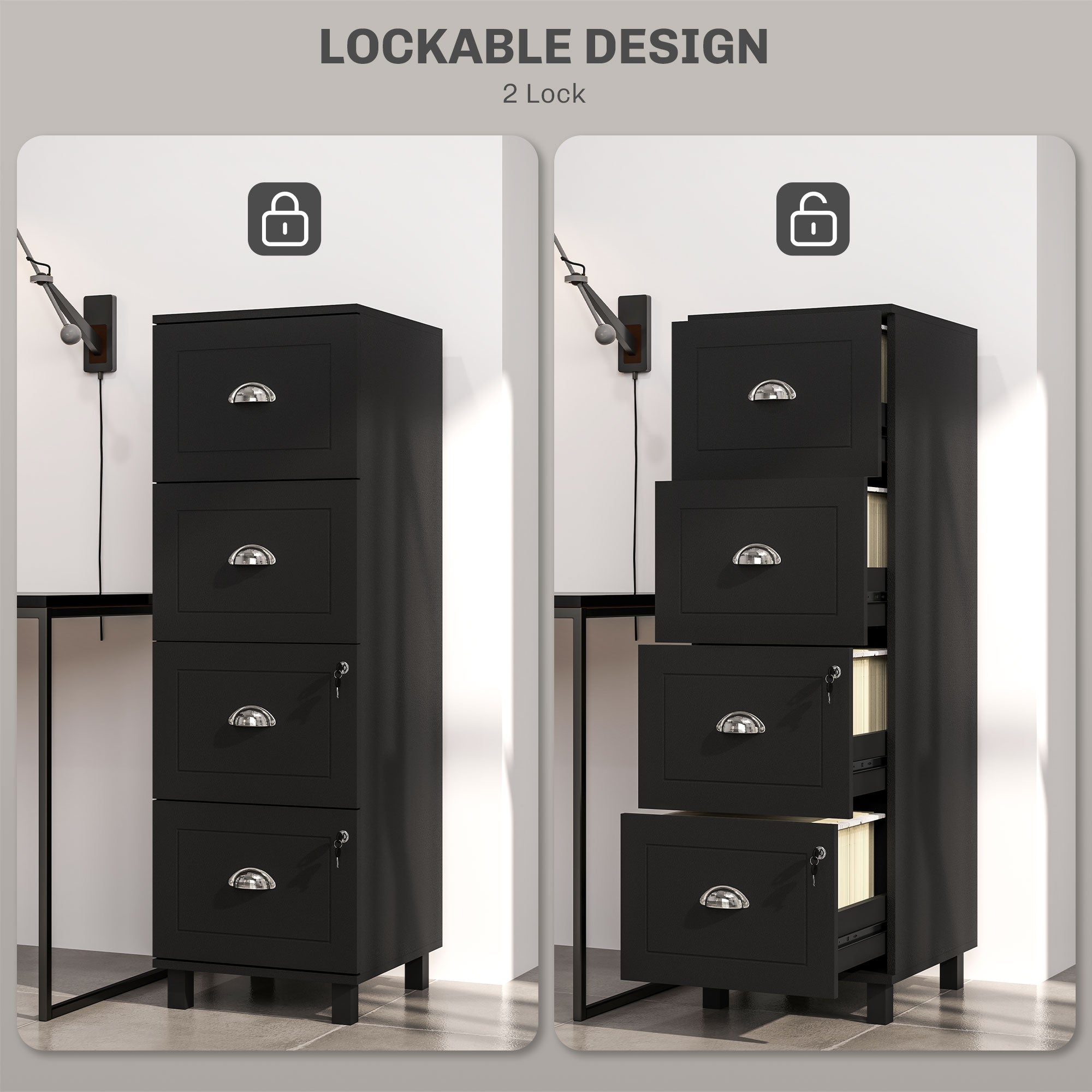 4 Drawer File Cabinet with Lock, Office Filing Cabinet, A4 Letter Size, Hanging File Folders, Black-Office Products > Office Furniture > Office Cabinets & Cupboards-DECOROLALA