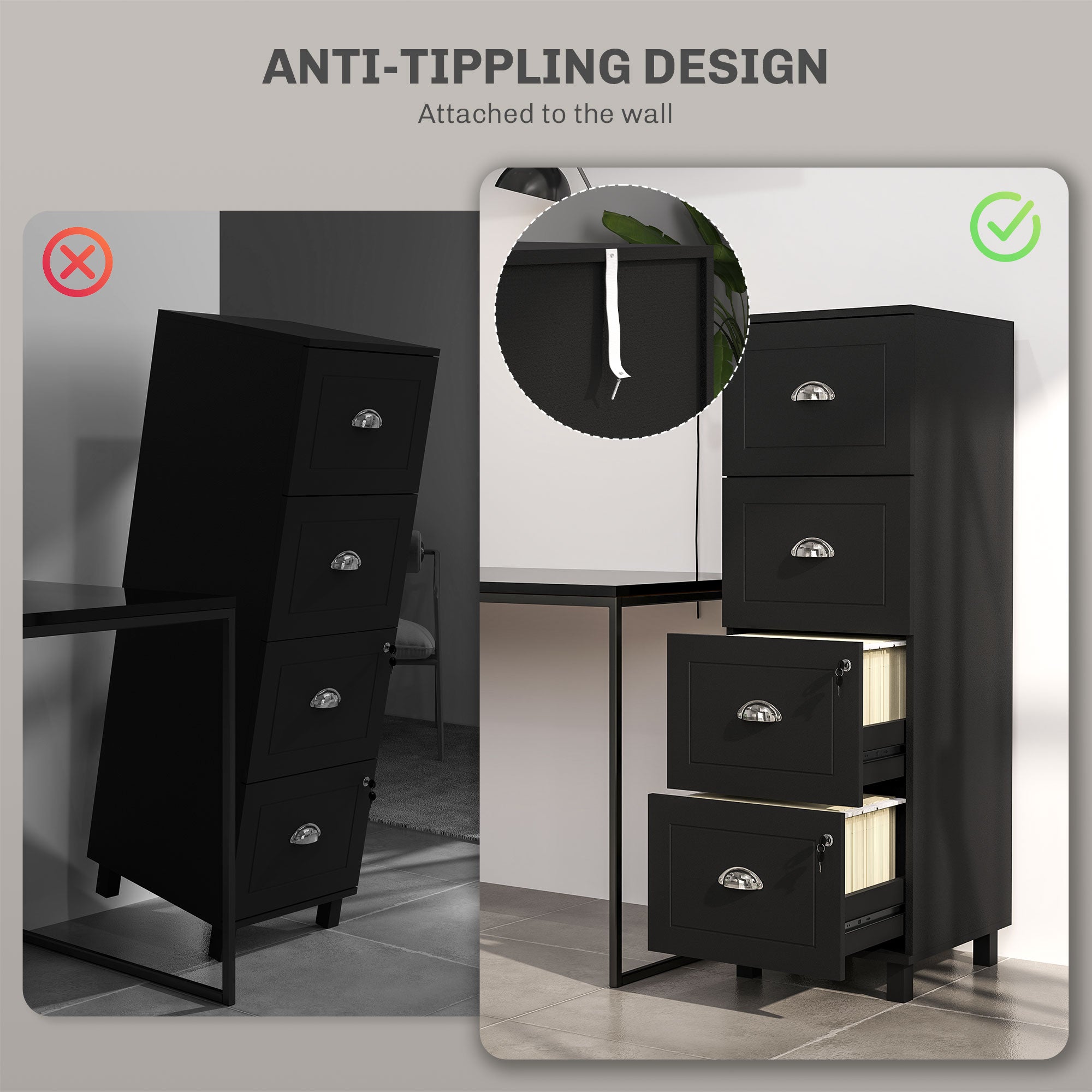4 Drawer File Cabinet with Lock, Office Filing Cabinet, A4 Letter Size, Hanging File Folders, Black-Office Products > Office Furniture > Office Cabinets & Cupboards-DECOROLALA