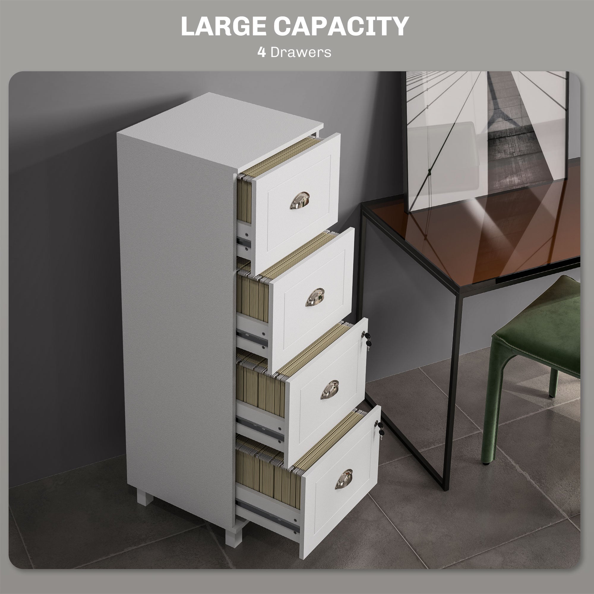4 Drawer File Cabinet with Lock, Office Filing Cabinet, A4 Letter Size, Hanging File Folders, White-Office Products > Office Furniture > Office Cabinets & Cupboards-DECOROLALA