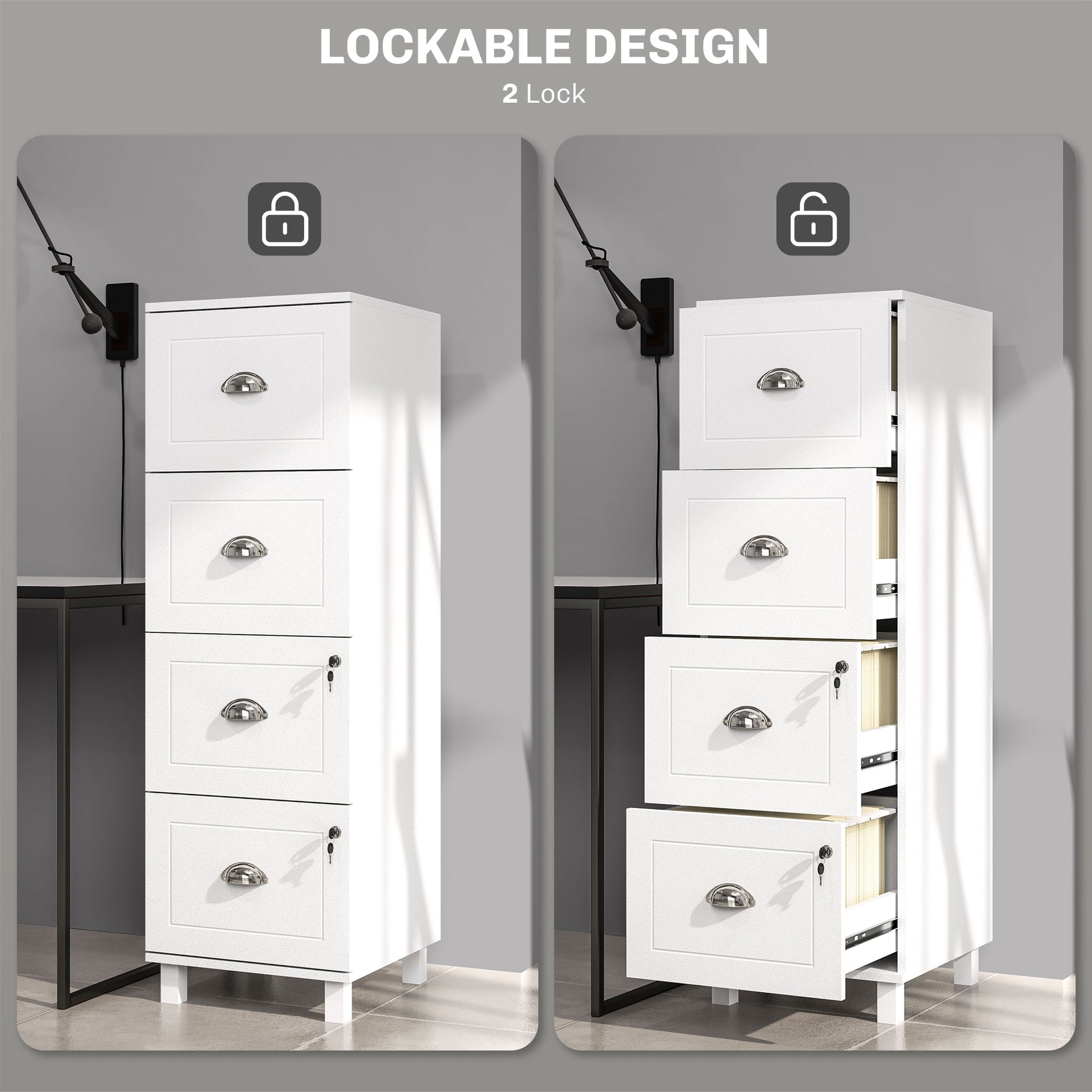 4 Drawer File Cabinet with Lock, Office Filing Cabinet, A4 Letter Size, Hanging File Folders, White-Office Products > Office Furniture > Office Cabinets & Cupboards-DECOROLALA