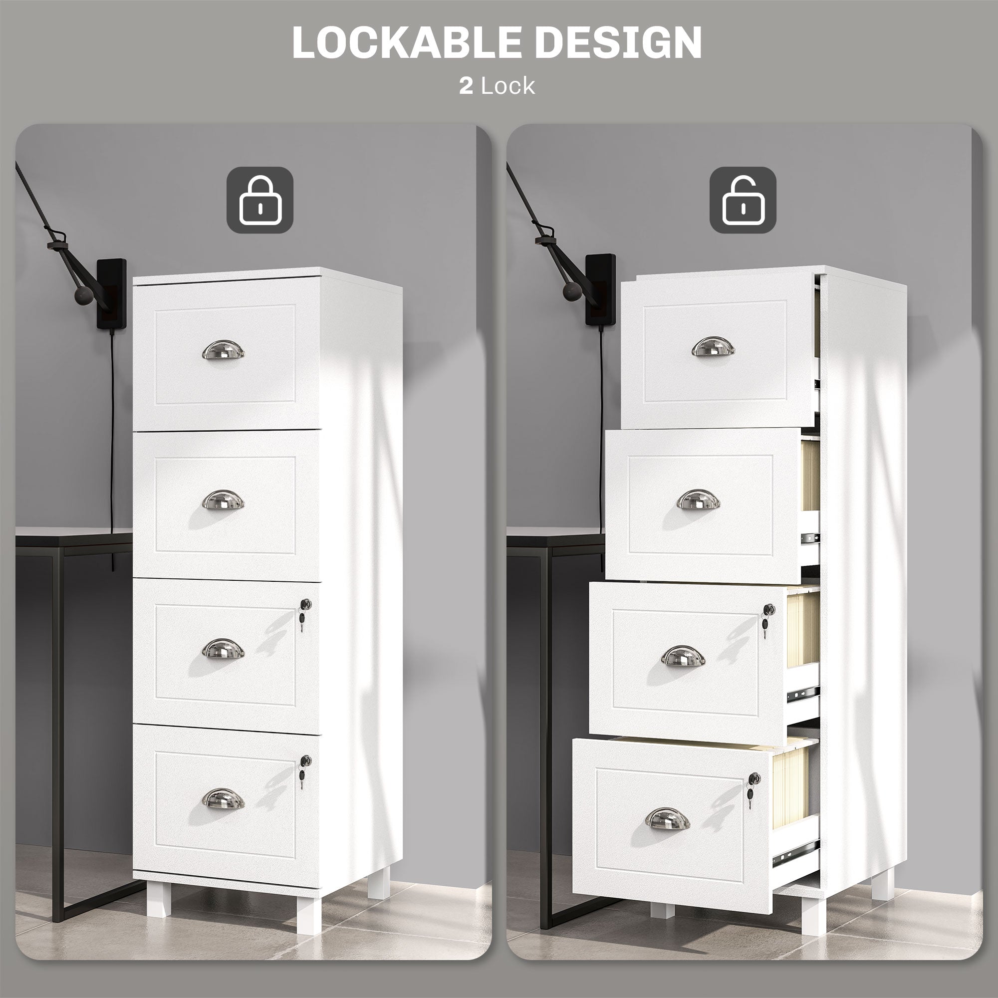 4 Drawer File Cabinet with Lock, Office Filing Cabinet, A4 Letter Size, Hanging File Folders, White-Office Products > Office Furniture > Office Cabinets & Cupboards-DECOROLALA