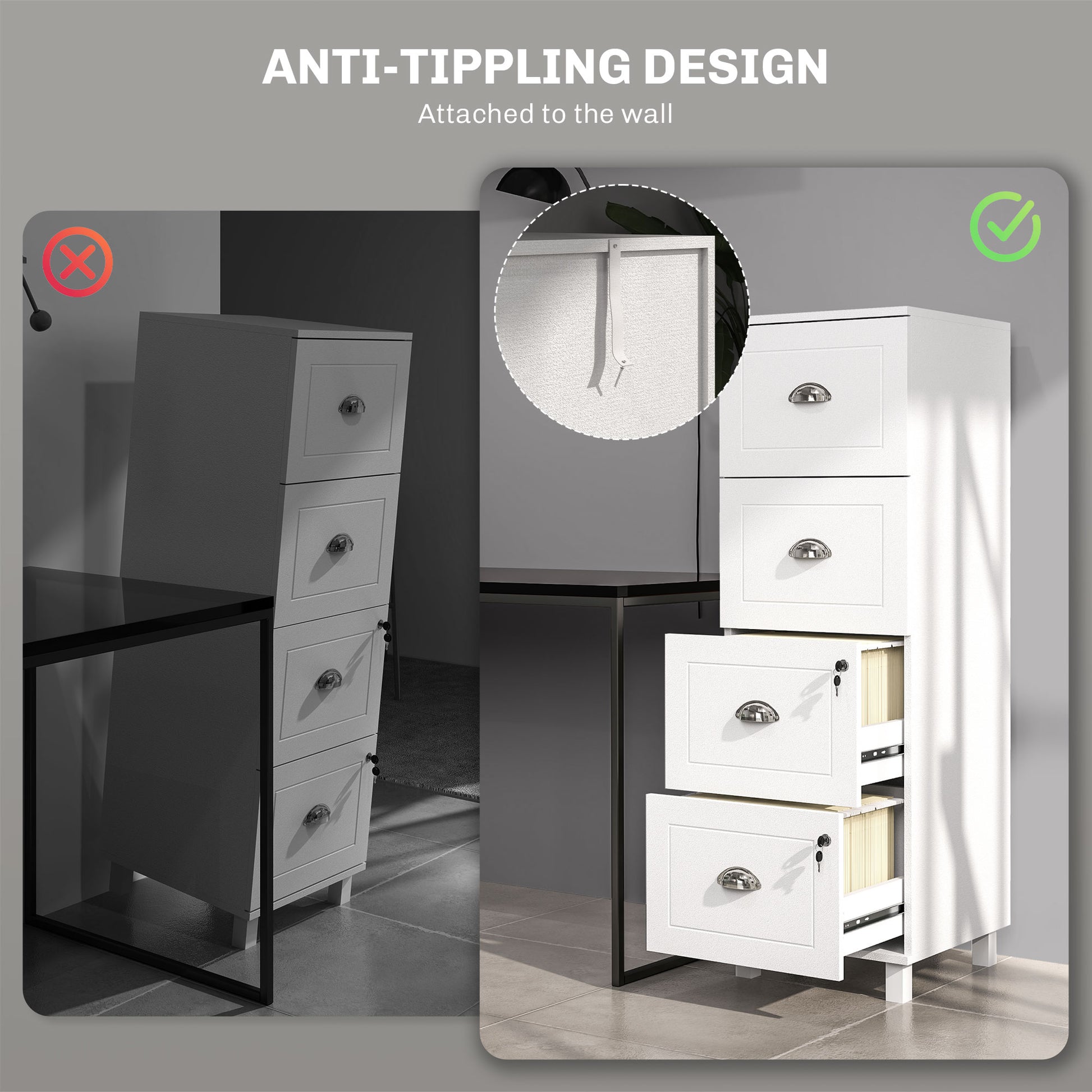 4 Drawer File Cabinet with Lock, Office Filing Cabinet, A4 Letter Size, Hanging File Folders, White-Office Products > Office Furniture > Office Cabinets & Cupboards-DECOROLALA