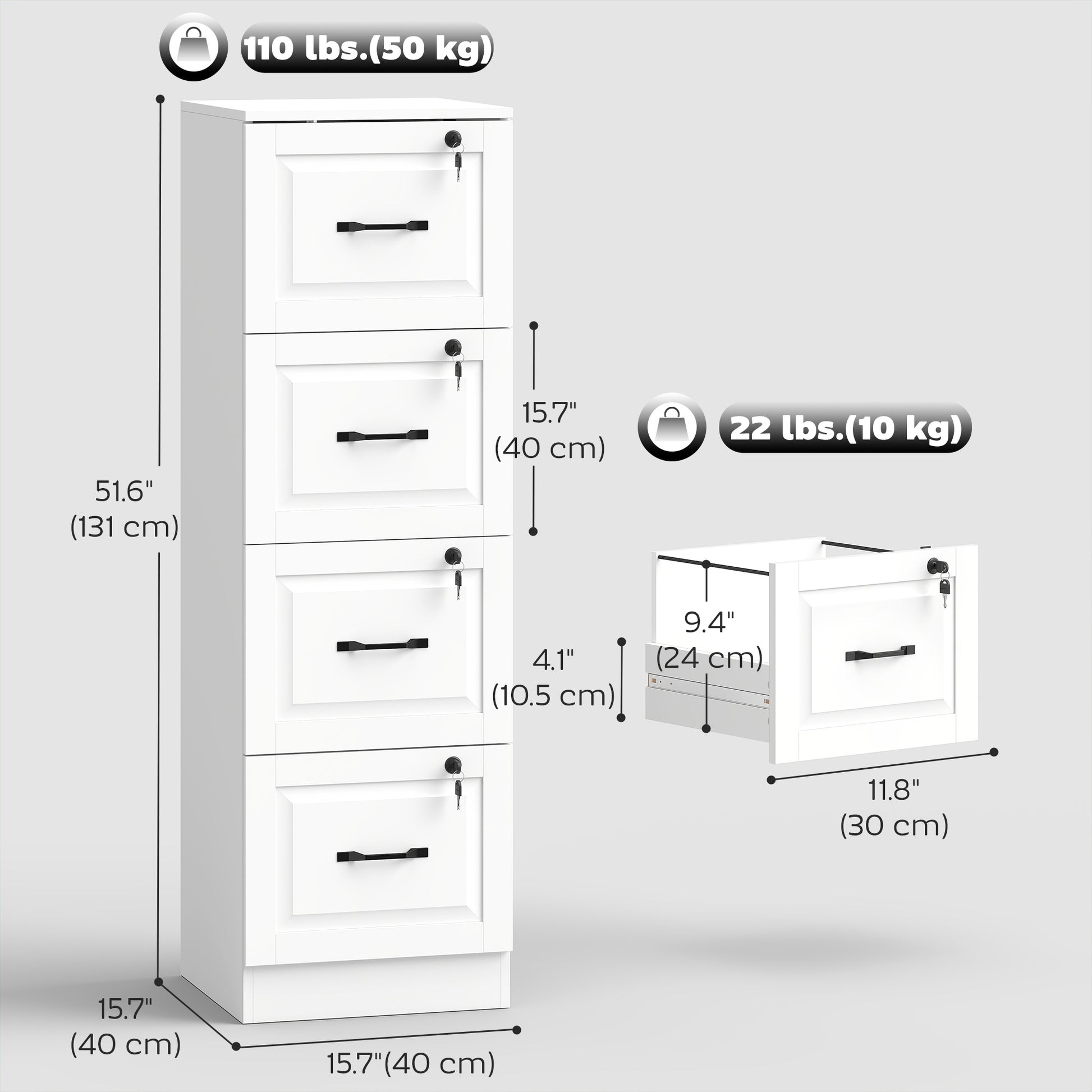 4 Drawer File Cabinet with Lock - White Vertical-DECOROLALA