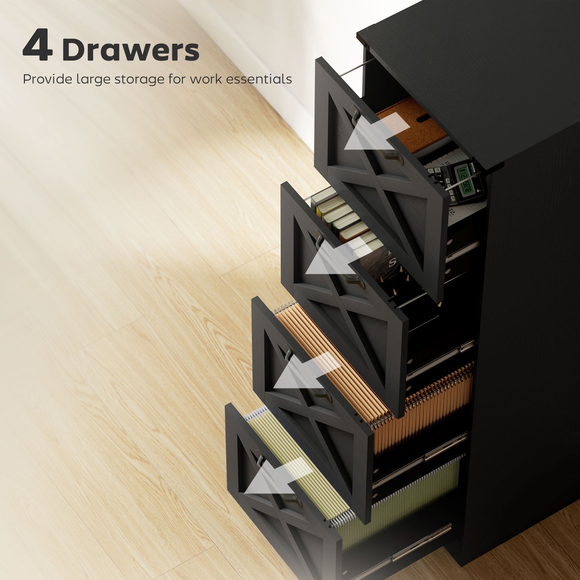 4 Drawer File Cabinet with Silent Slides, Vertical Farmhouse Filing Cabinet Fits Letter/A4 Size Home Office, Black-Office Products > Office Furniture > Office Cabinets & Cupboards-DECOROLALA