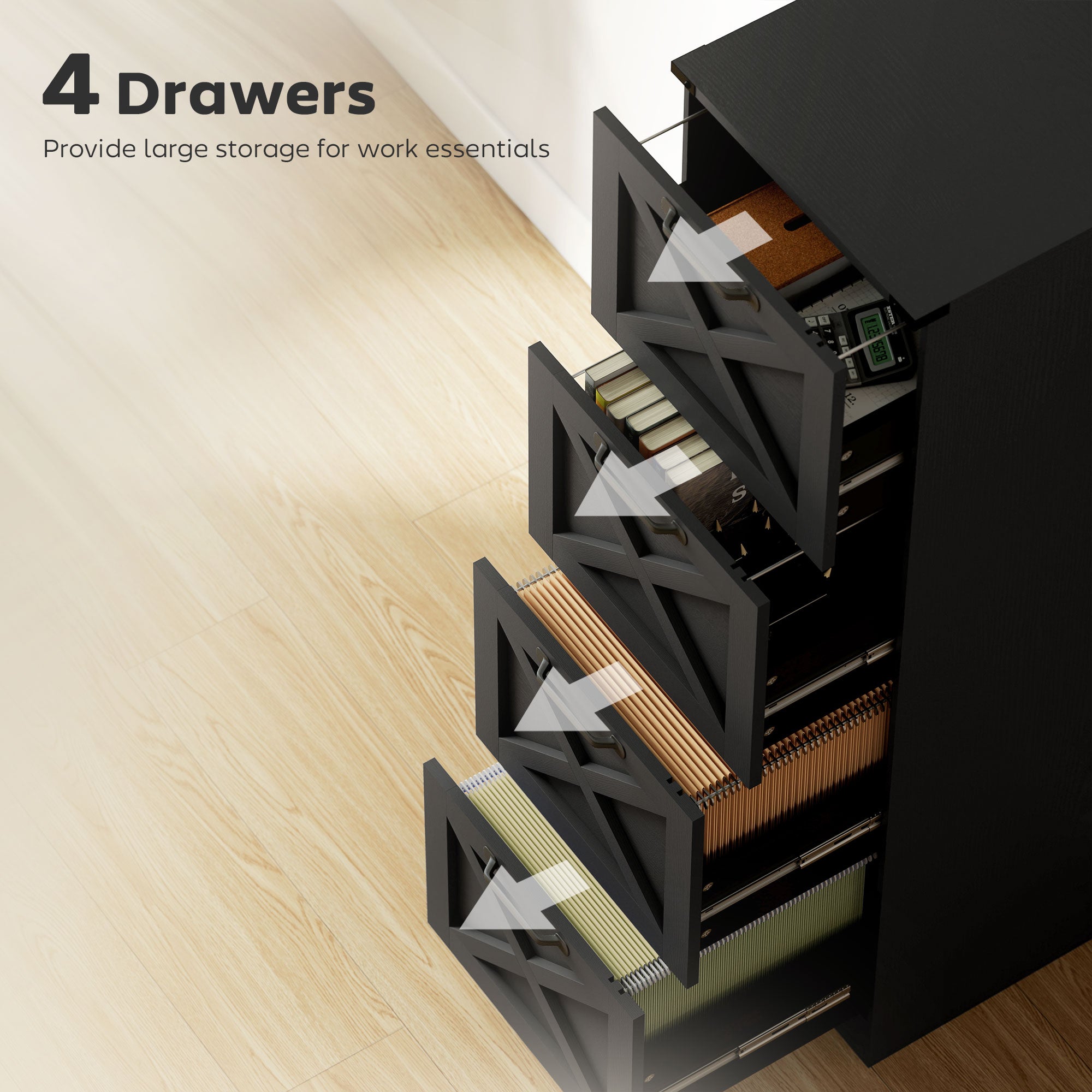 4 Drawer File Cabinet with Silent Slides, Vertical Farmhouse Filing Cabinet Fits Letter/A4 Size Home Office, Black-Office Products > Office Furniture > Office Cabinets & Cupboards-DECOROLALA