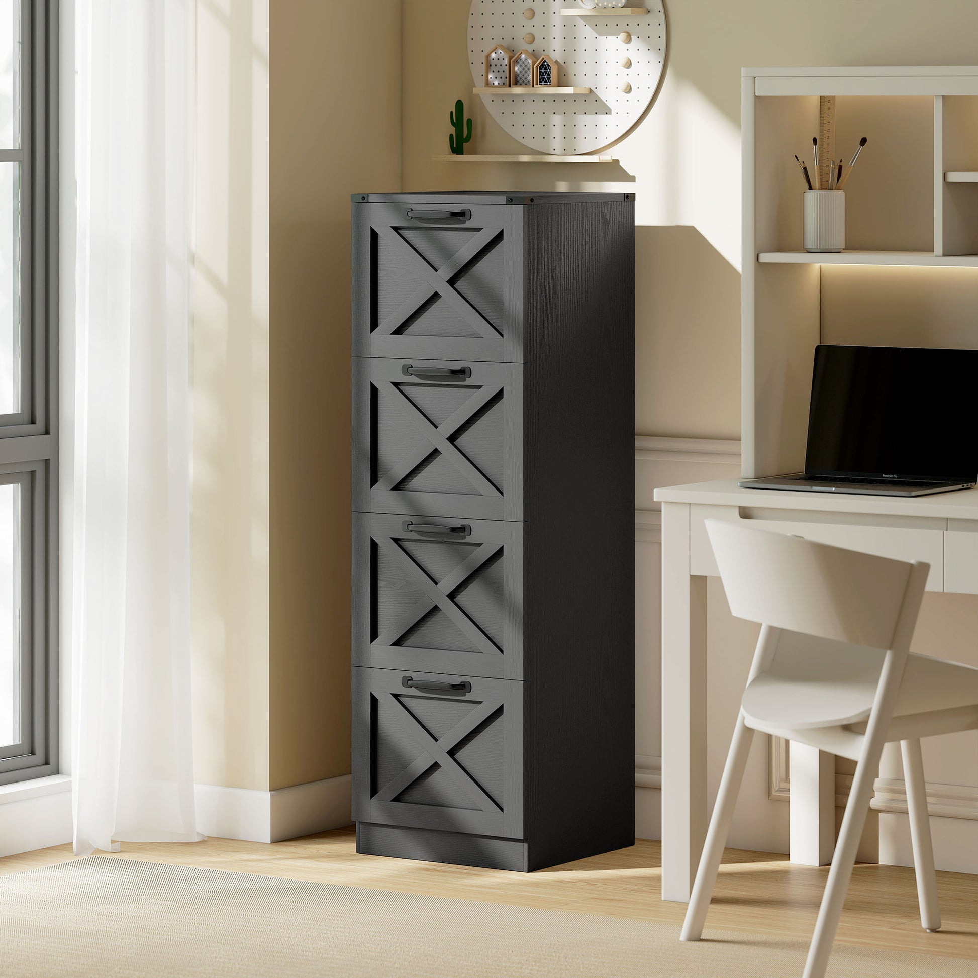4 Drawer File Cabinet with Silent Slides, Vertical Farmhouse Filing Cabinet Fits Letter/A4 Size Home Office, Black-Office Products > Office Furniture > Office Cabinets & Cupboards-DECOROLALA