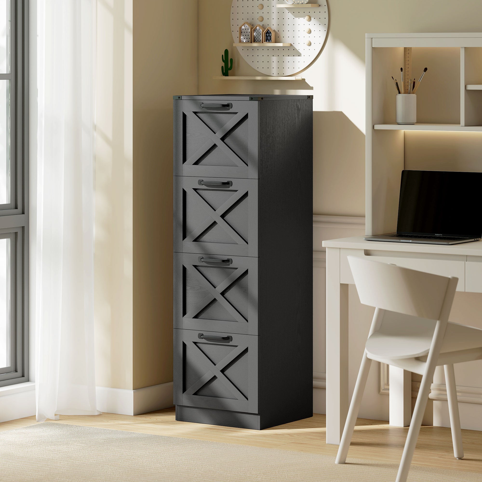 4 Drawer File Cabinet with Silent Slides, Vertical Farmhouse Filing Cabinet Fits Letter/A4 Size Home Office, Black-Office Products > Office Furniture > Office Cabinets & Cupboards-DECOROLALA