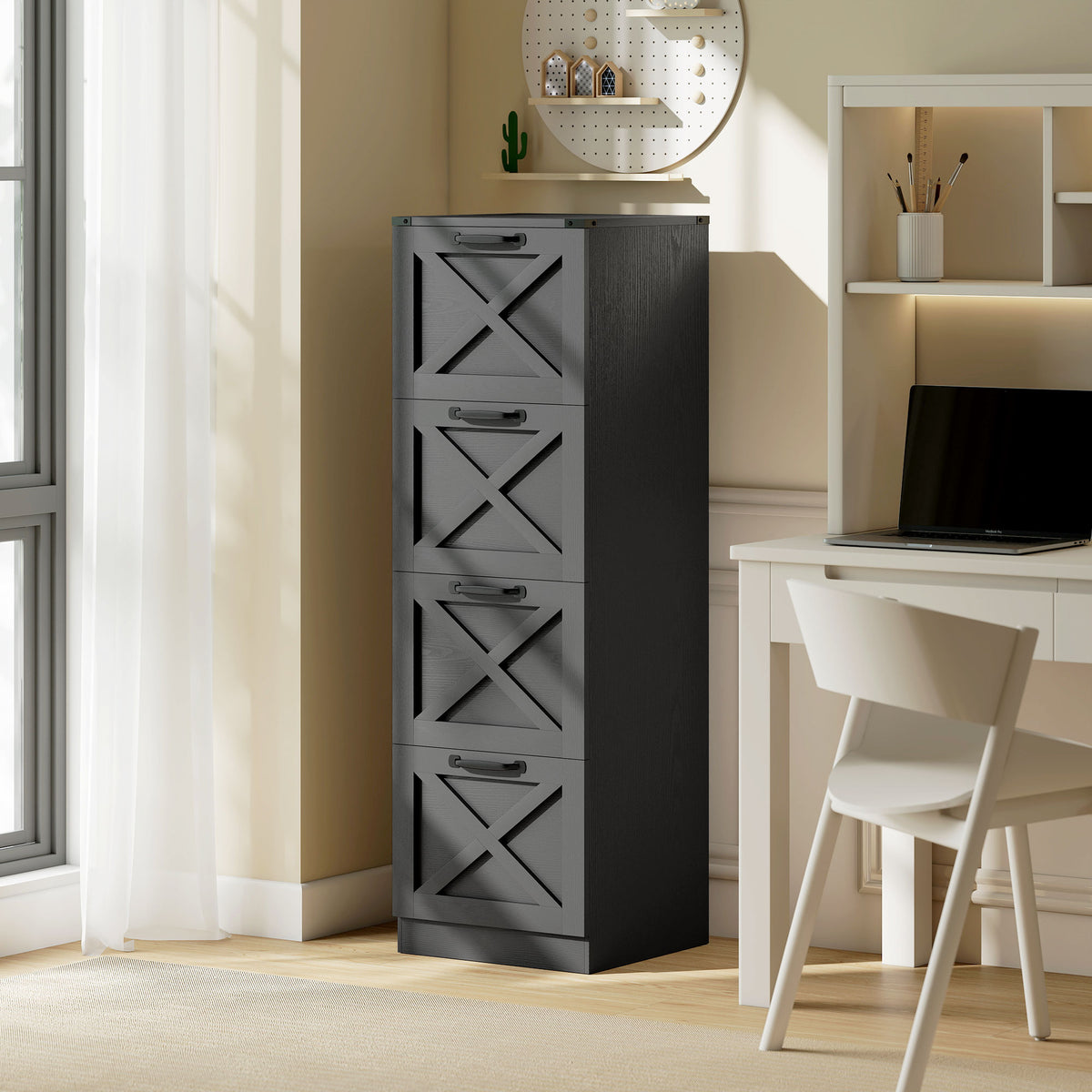 4 Drawer File Cabinet with Silent Slides, Vertical Farmhouse Filing Cabinet Fits Letter/A4 Size Home Office, Black-Office Storage Cabinets-DECOROLALA
