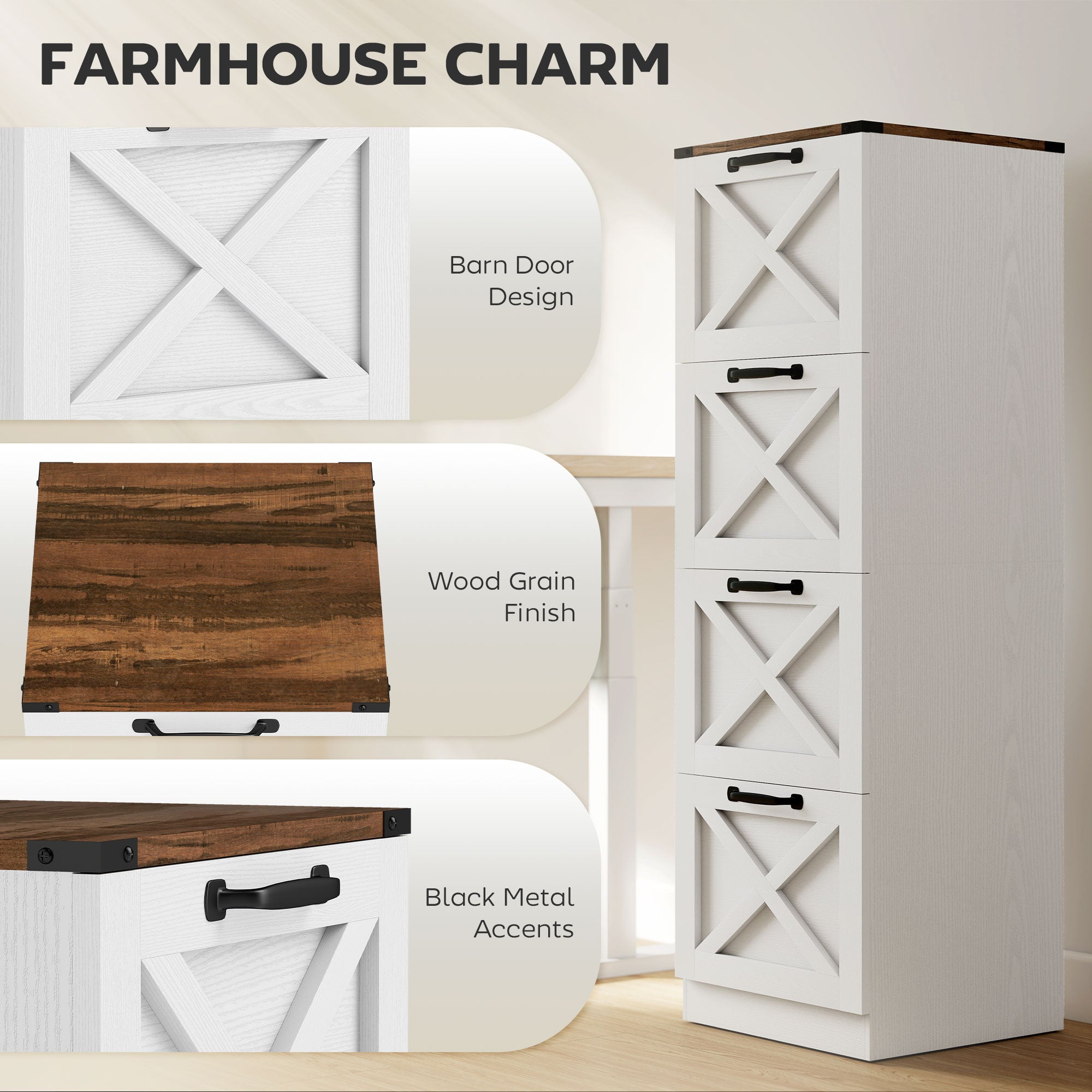 4 Drawer File Cabinet with Silent Slides, Vertical Farmhouse Filing Cabinet Fits Letter/A4 Size Home Office, White-Office Products > Office Furniture > Office Cabinets & Cupboards-DECOROLALA