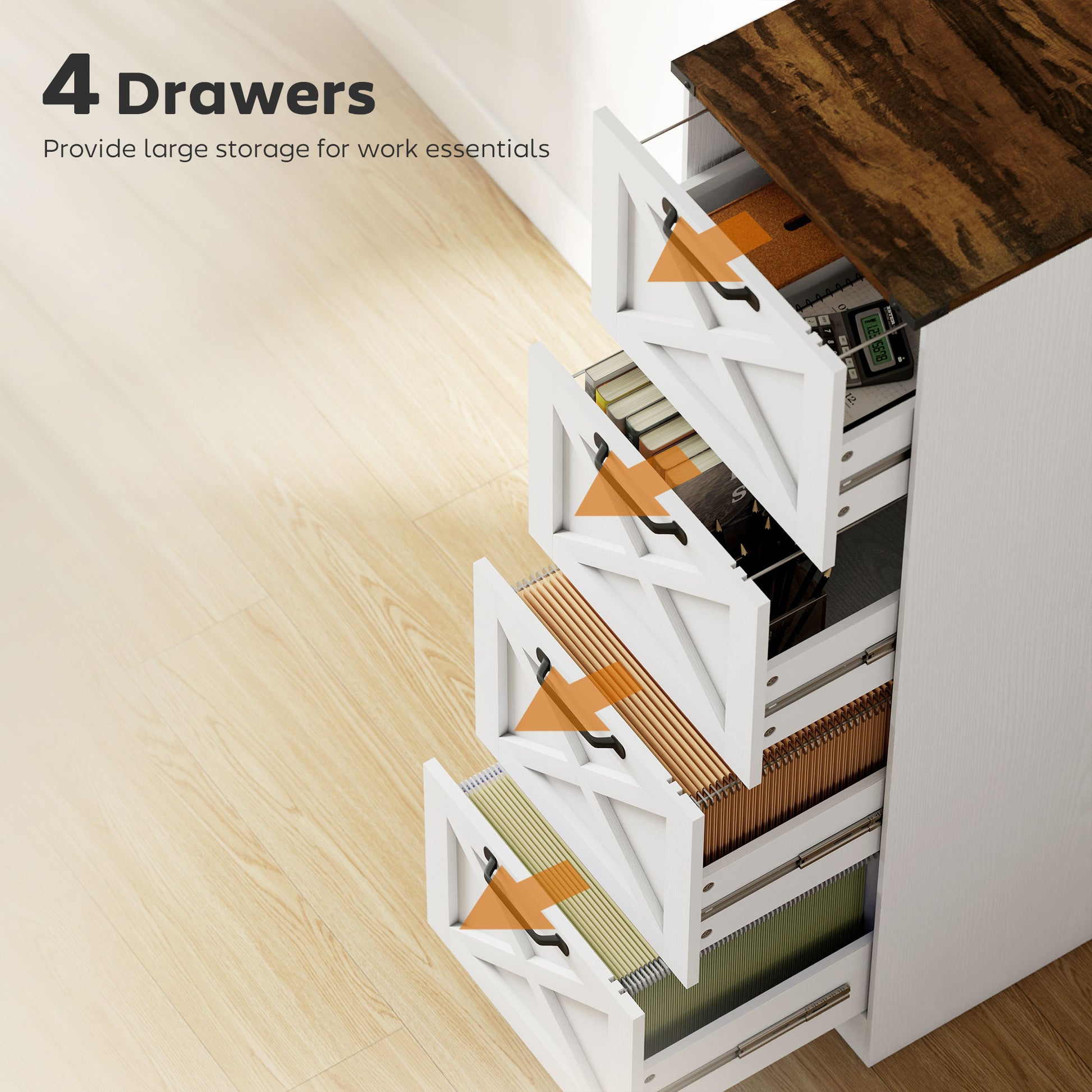 4 Drawer File Cabinet with Silent Slides, Vertical Farmhouse Filing Cabinet Fits Letter/A4 Size Home Office, White-Office Products > Office Furniture > Office Cabinets & Cupboards-DECOROLALA