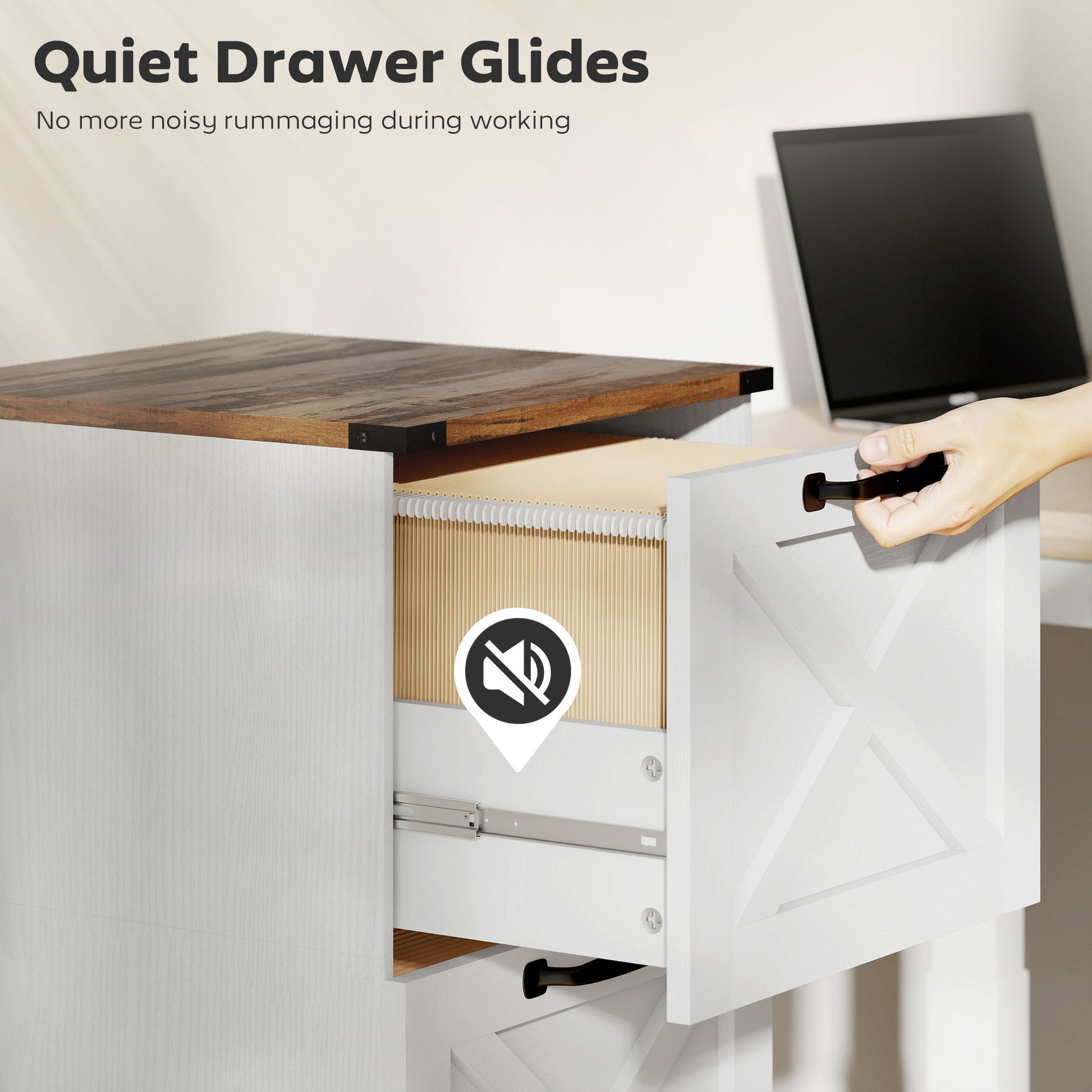 4 Drawer File Cabinet with Silent Slides, Vertical Farmhouse Filing Cabinet Fits Letter/A4 Size Home Office, White-Office Products > Office Furniture > Office Cabinets & Cupboards-DECOROLALA