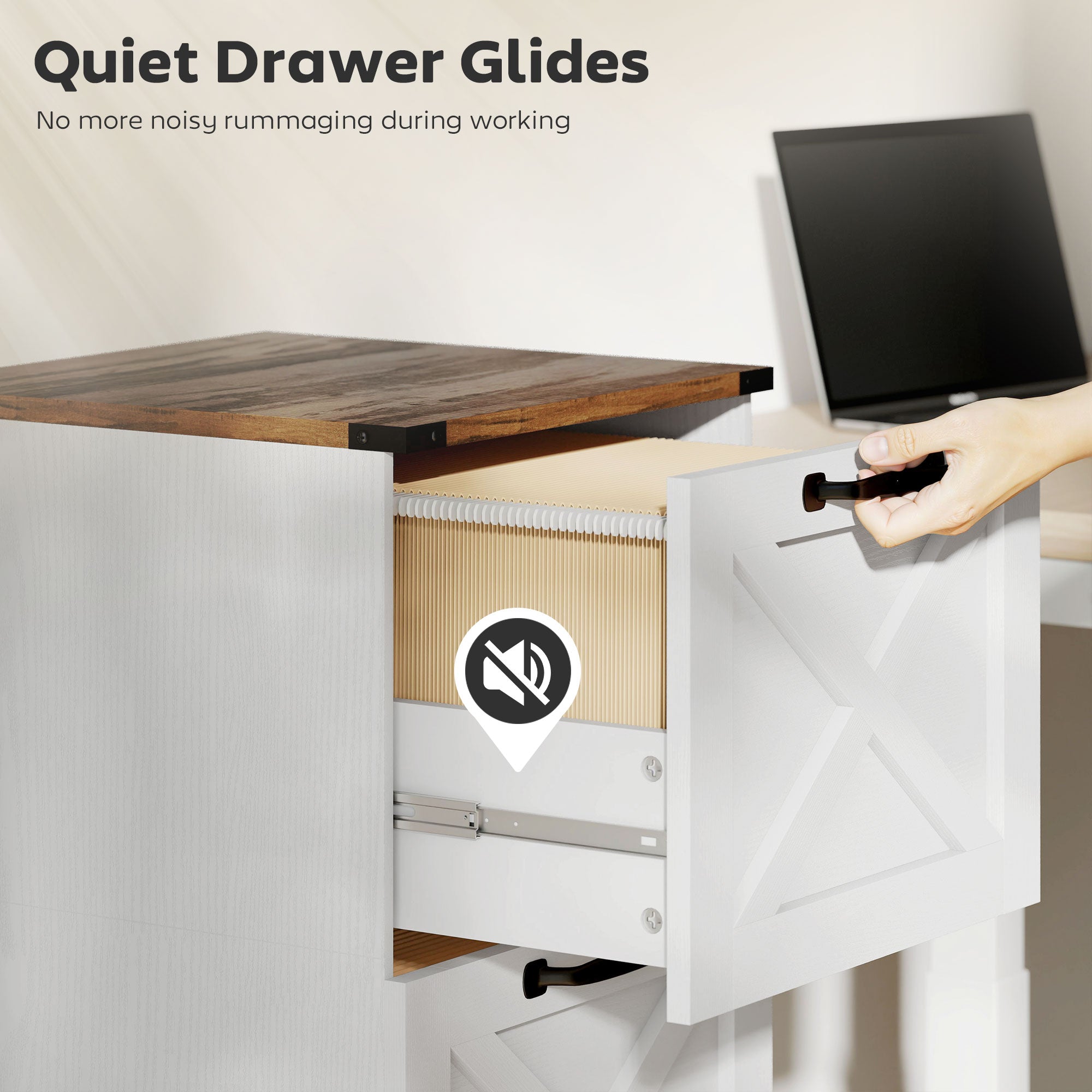 4 Drawer File Cabinet with Silent Slides, Vertical Farmhouse Filing Cabinet Fits Letter/A4 Size Home Office, White-Office Products > Office Furniture > Office Cabinets & Cupboards-DECOROLALA
