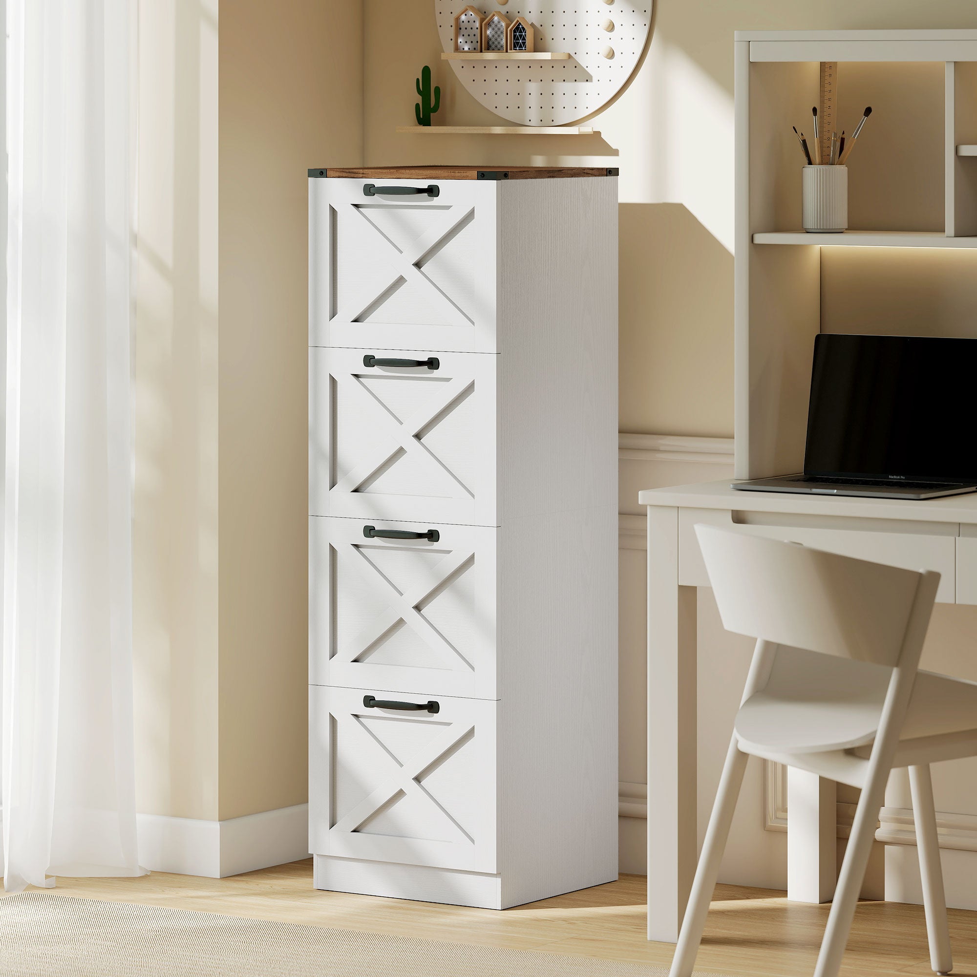 4 Drawer File Cabinet with Silent Slides, Vertical Farmhouse Filing Cabinet Fits Letter/A4 Size Home Office, White-Office Products > Office Furniture > Office Cabinets & Cupboards-DECOROLALA