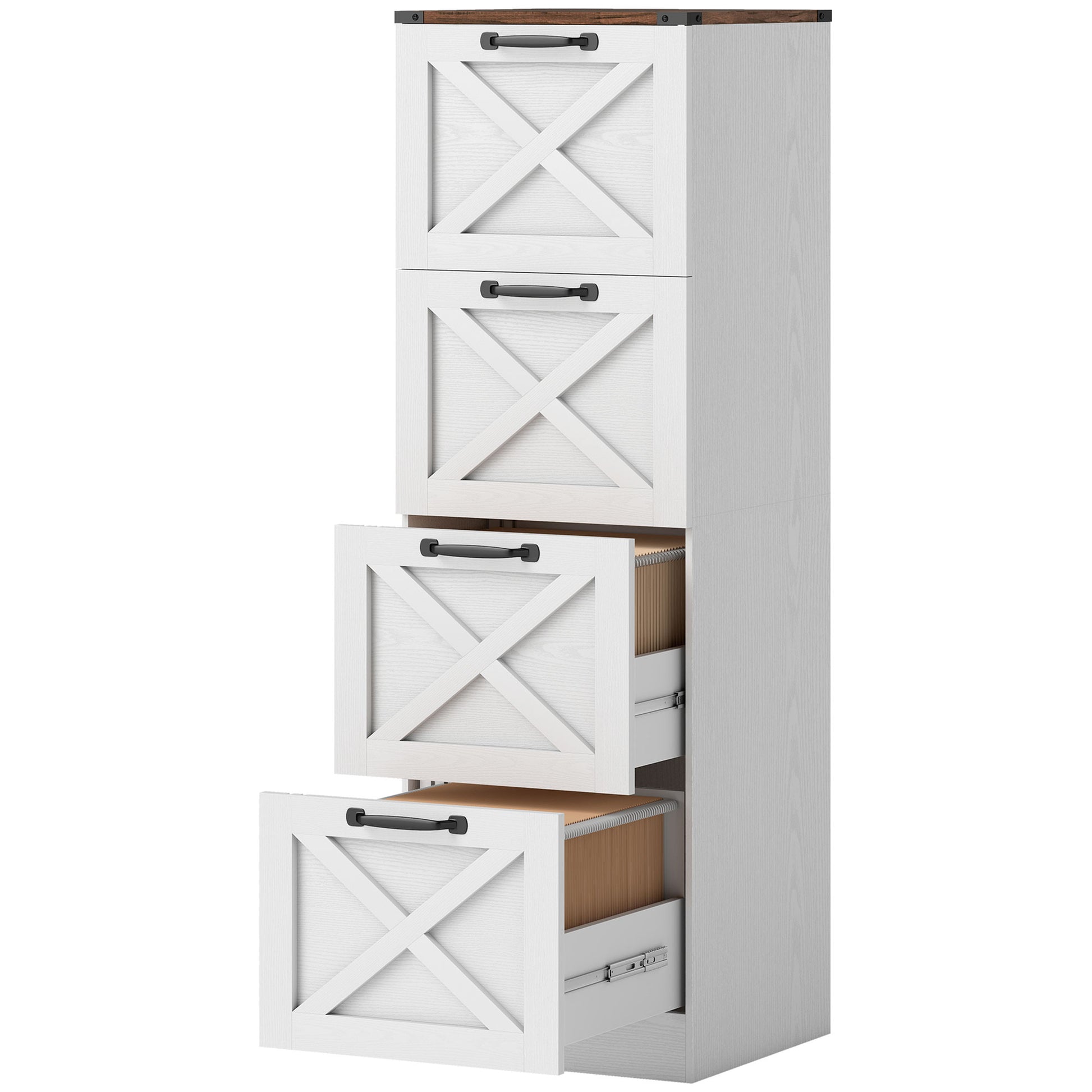 4 Drawer File Cabinet with Silent Slides, Vertical Farmhouse Filing Cabinet Fits Letter/A4 Size Home Office, White-Office Products > Office Furniture > Office Cabinets & Cupboards-DECOROLALA