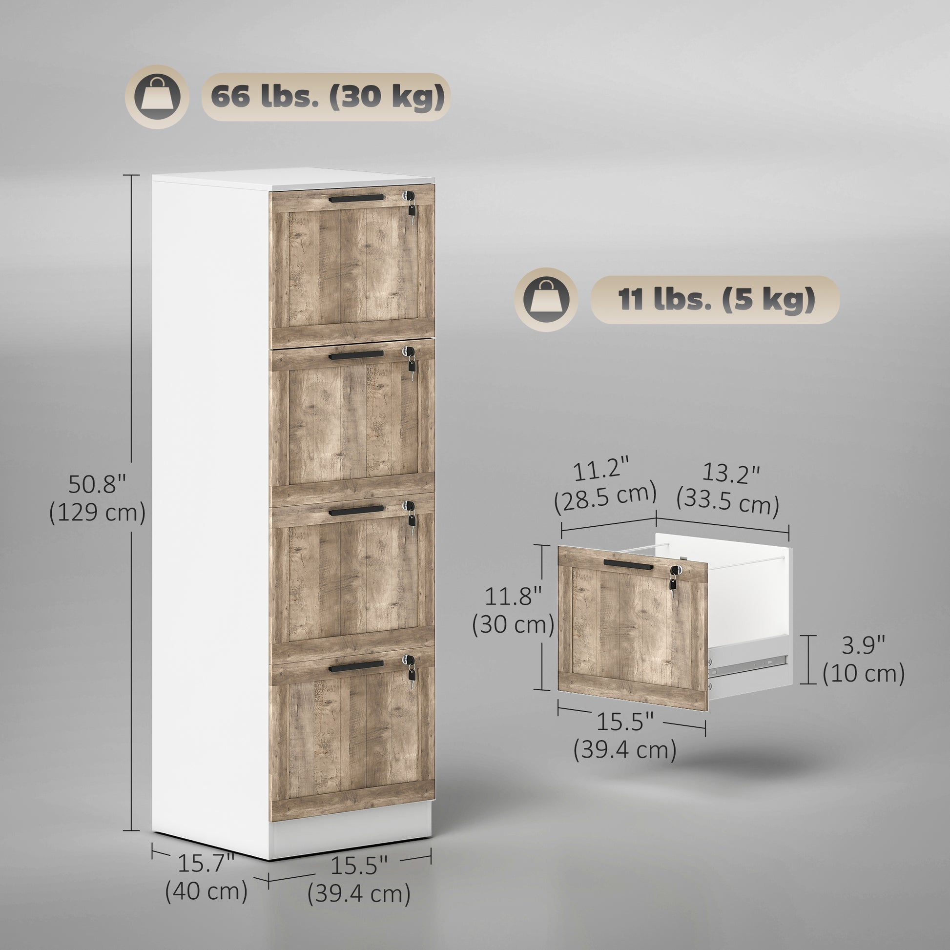 4 Drawer Filing Cabinet, Farmhouse File Cabinet with Lock, Adjustable Hanging Rails for A4 Letter Size Files, White-Office Products > Office Furniture > Office Cabinets & Cupboards-DECOROLALA