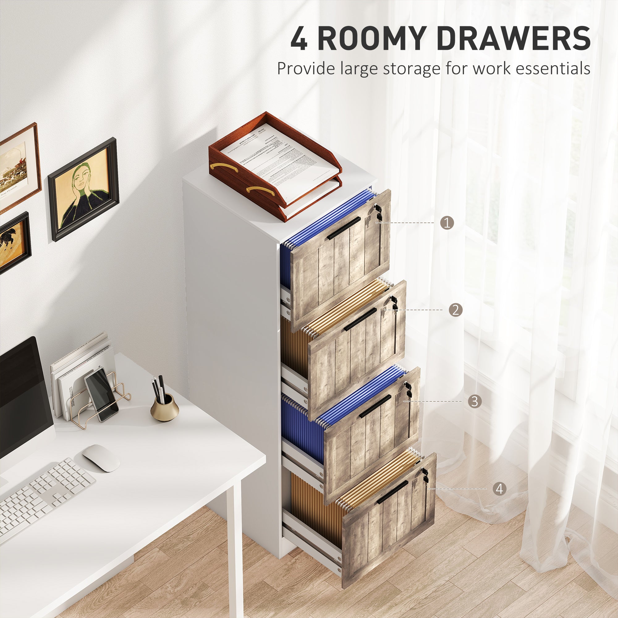 4 Drawer Filing Cabinet, Farmhouse File Cabinet with Lock, Adjustable Hanging Rails for A4 Letter Size Files, White-Office Products > Office Furniture > Office Cabinets & Cupboards-DECOROLALA