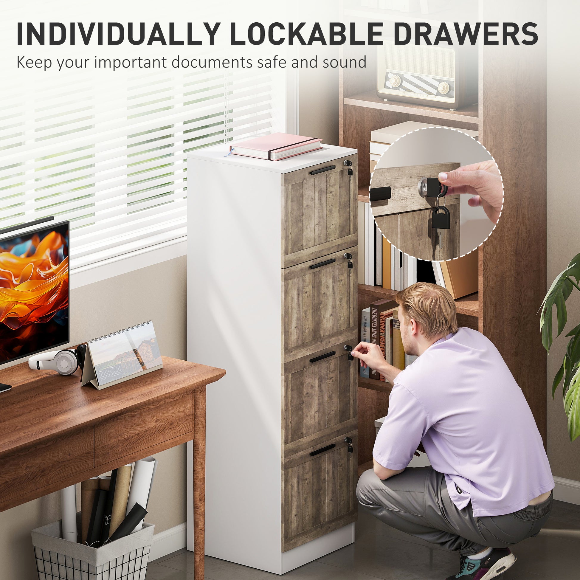 4 Drawer Filing Cabinet, Farmhouse File Cabinet with Lock, Adjustable Hanging Rails for A4 Letter Size Files, White-Office Products > Office Furniture > Office Cabinets & Cupboards-DECOROLALA