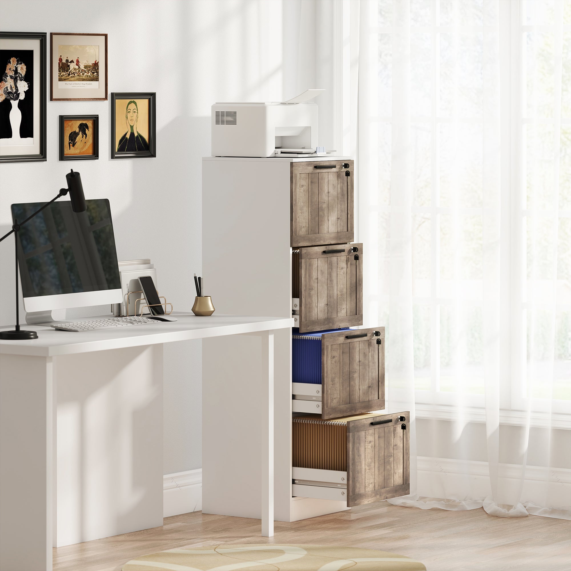 4 Drawer Filing Cabinet, Farmhouse File Cabinet with Lock, Adjustable Hanging Rails for A4 Letter Size Files, White-Office Products > Office Furniture > Office Cabinets & Cupboards-DECOROLALA