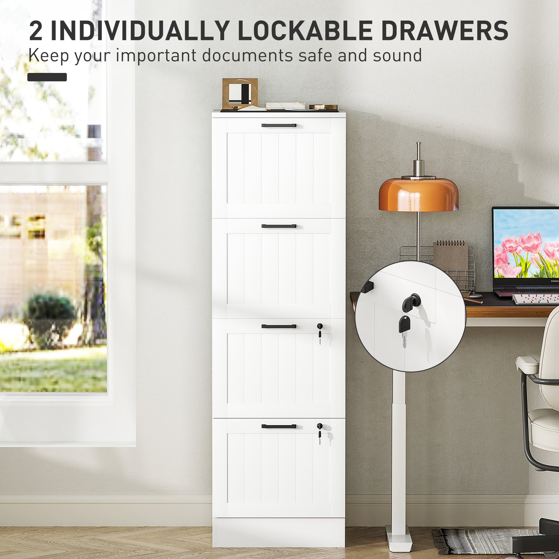 4 Drawer Filing Cabinet, White Office Storage with Adjustable A4 Lockable Drawers-DECOROLALA
