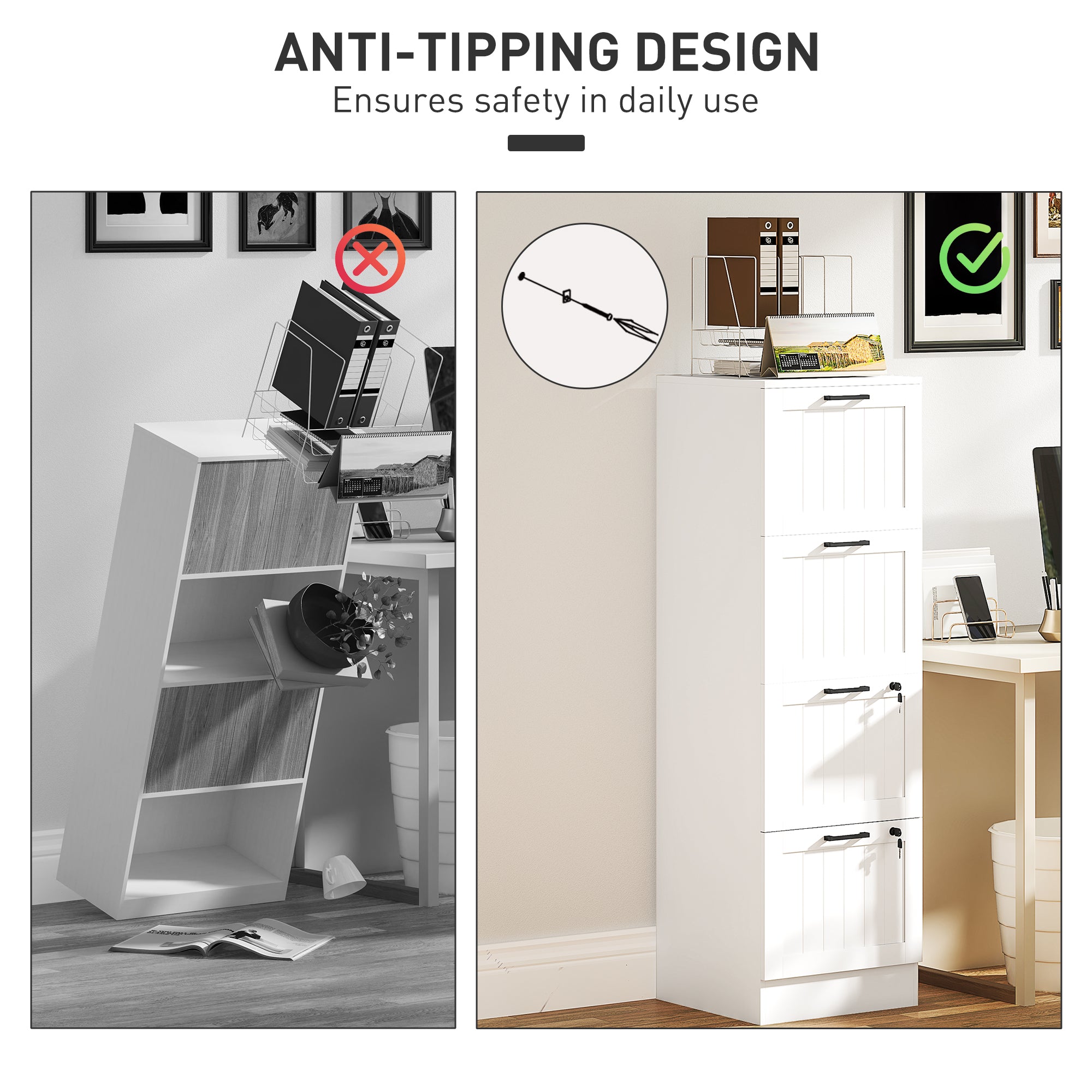 4 Drawer Filing Cabinet, White Office Storage with Adjustable A4 Lockable Drawers-DECOROLALA
