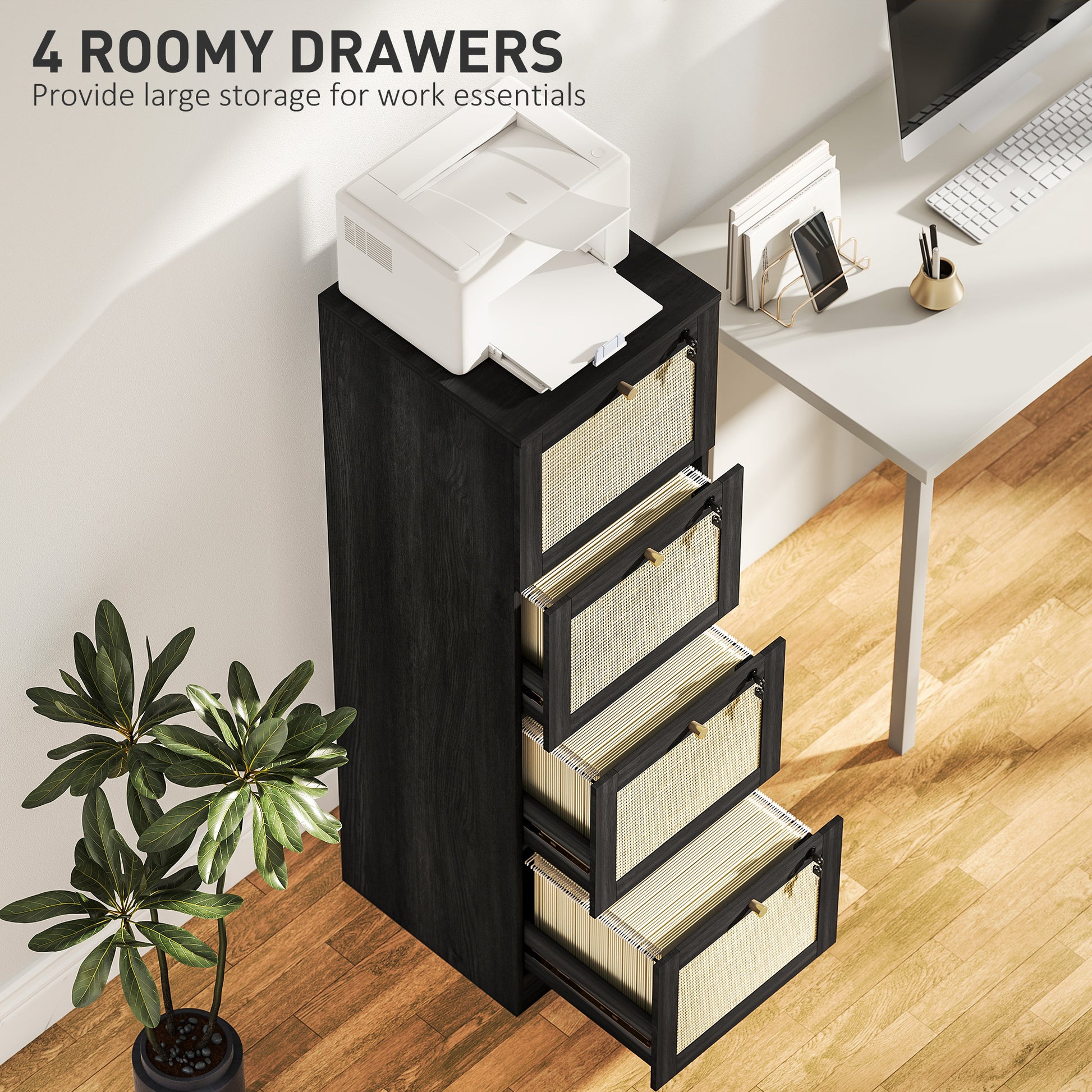 4 Drawer Filing Cabinet with Lock, Boho File Cabinet for A4 Letter Size Files with Decorative Rattan Accents, Black-Office Products > Office Furniture > Office Cabinets & Cupboards-DECOROLALA