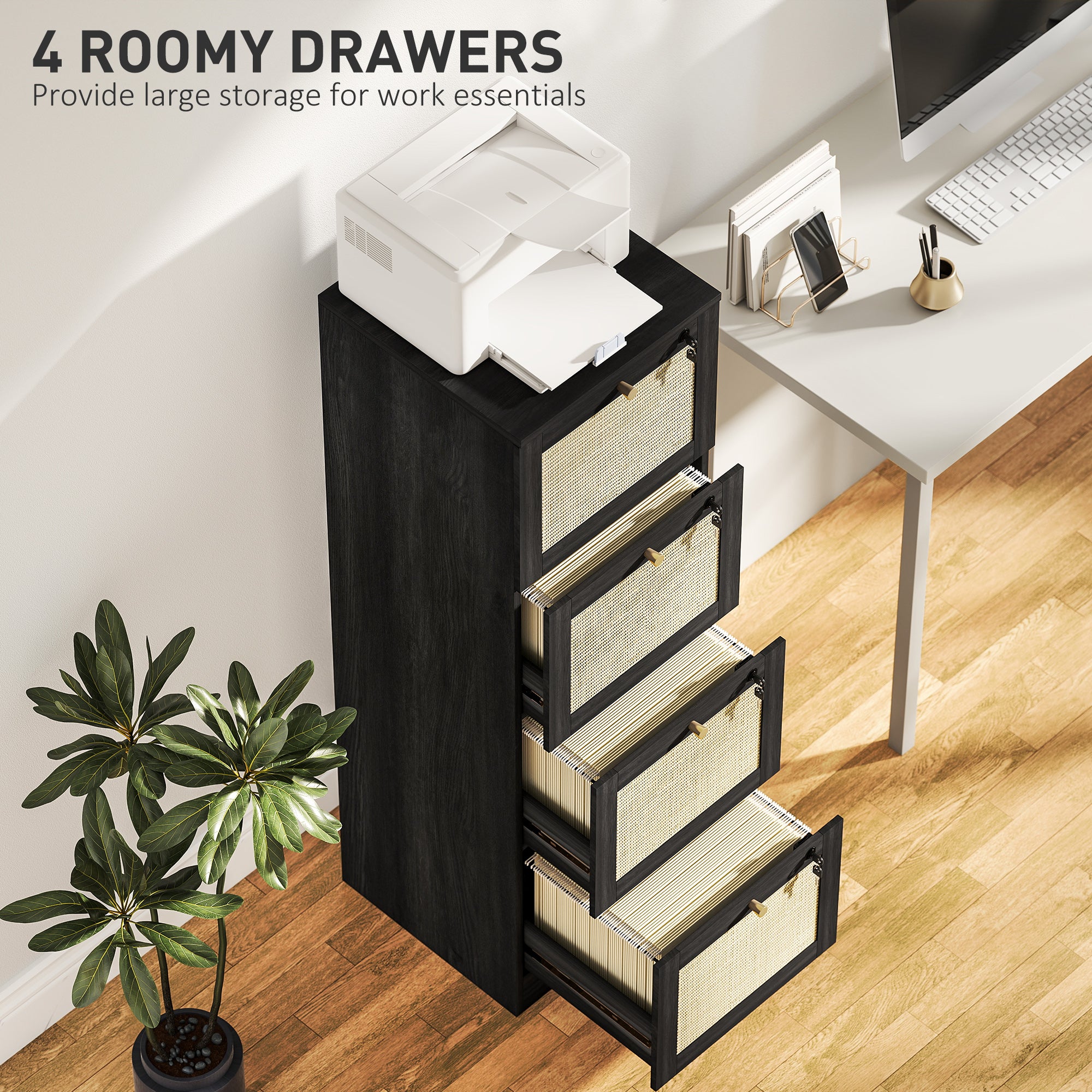 4 Drawer Filing Cabinet with Lock, Boho File Cabinet for A4 Letter Size Files with Decorative Rattan Accents, Black-Office Products > Office Furniture > Office Cabinets & Cupboards-DECOROLALA