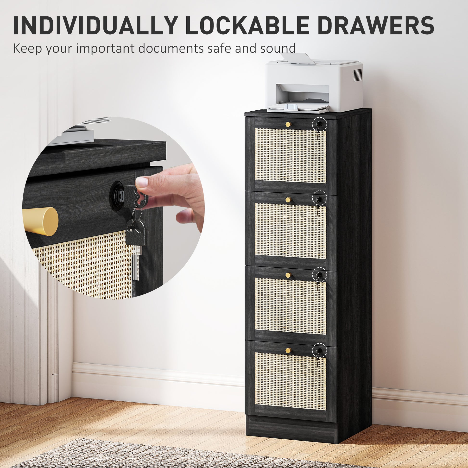 4 Drawer Filing Cabinet with Lock, Boho File Cabinet for A4 Letter Size Files with Decorative Rattan Accents, Black-Office Products > Office Furniture > Office Cabinets & Cupboards-DECOROLALA