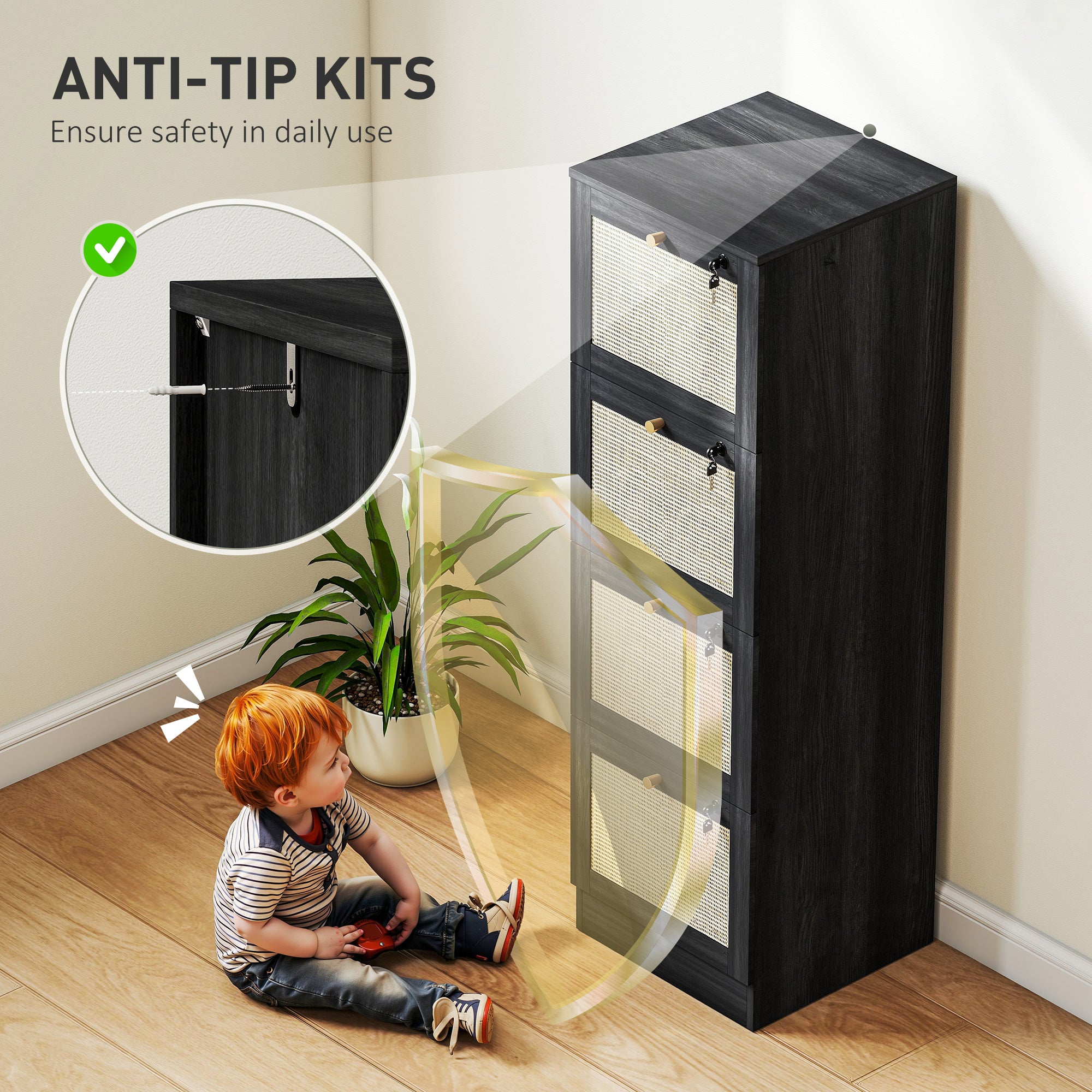 4 Drawer Filing Cabinet with Lock, Boho File Cabinet for A4 Letter Size Files with Decorative Rattan Accents, Black-Office Products > Office Furniture > Office Cabinets & Cupboards-DECOROLALA
