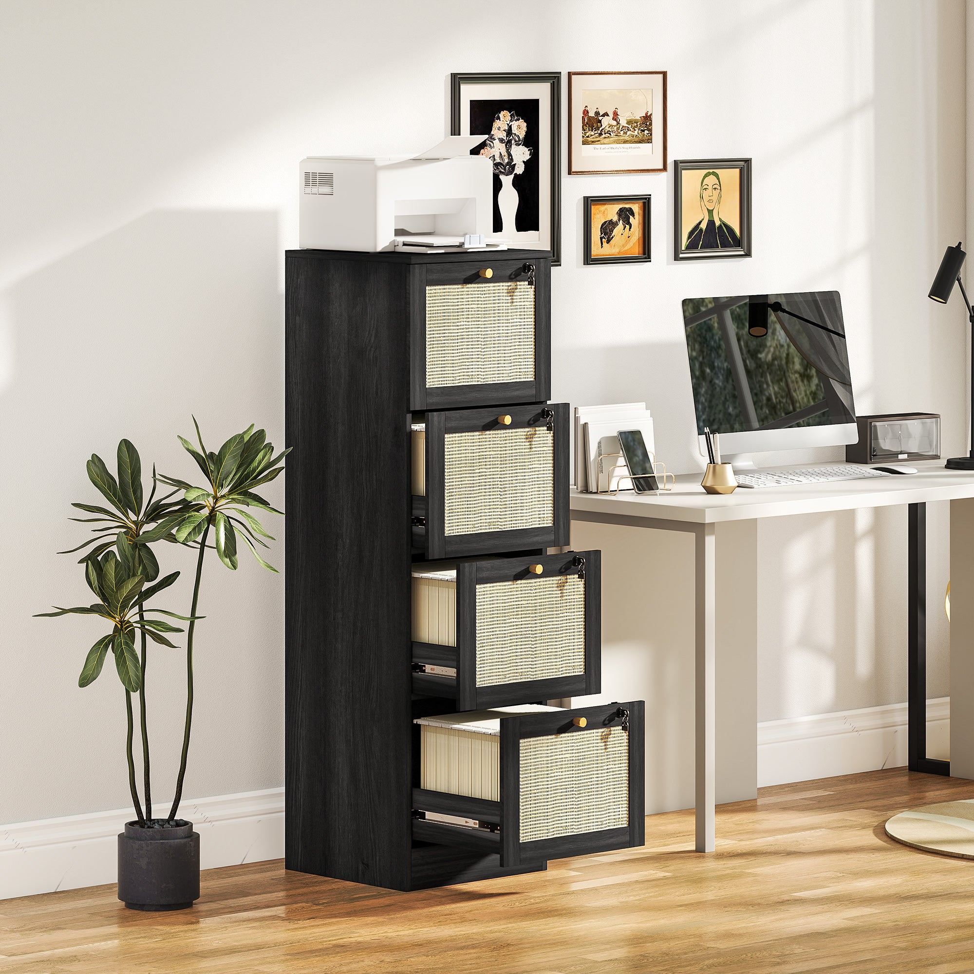 4 Drawer Filing Cabinet with Lock, Boho File Cabinet for A4 Letter Size Files with Decorative Rattan Accents, Black-Office Products > Office Furniture > Office Cabinets & Cupboards-DECOROLALA