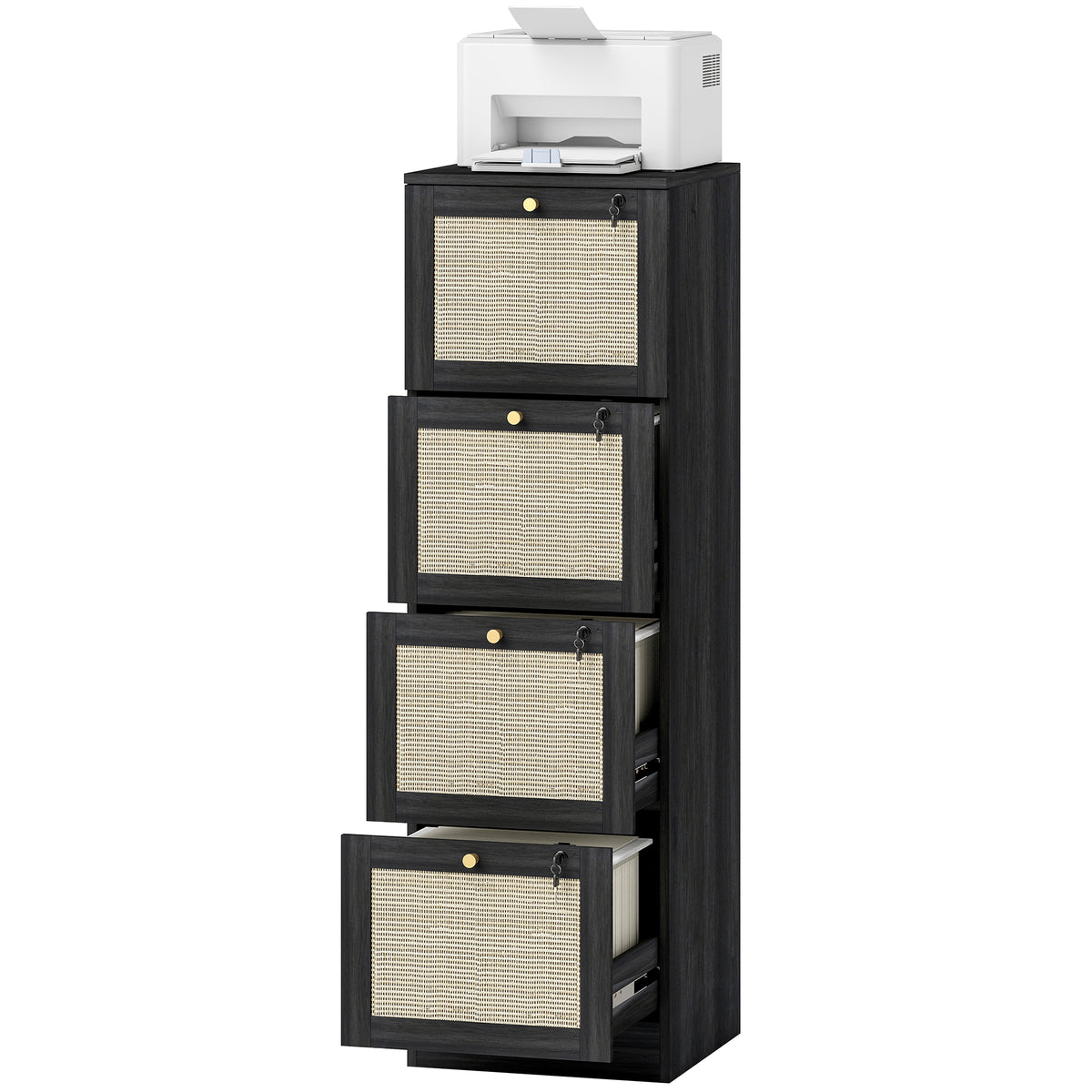 4 Drawer Filing Cabinet with Lock, Boho File Cabinet for A4 Letter Size Files with Decorative Rattan Accents, Black-Office Storage Cabinets-DECOROLALA