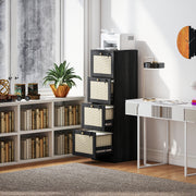4 Drawer Filing Cabinet with Lock, Boho File Cabinet for A4 Letter Size Files with Decorative Rattan Accents, Black-Office Storage Cabinets-DECOROLALA