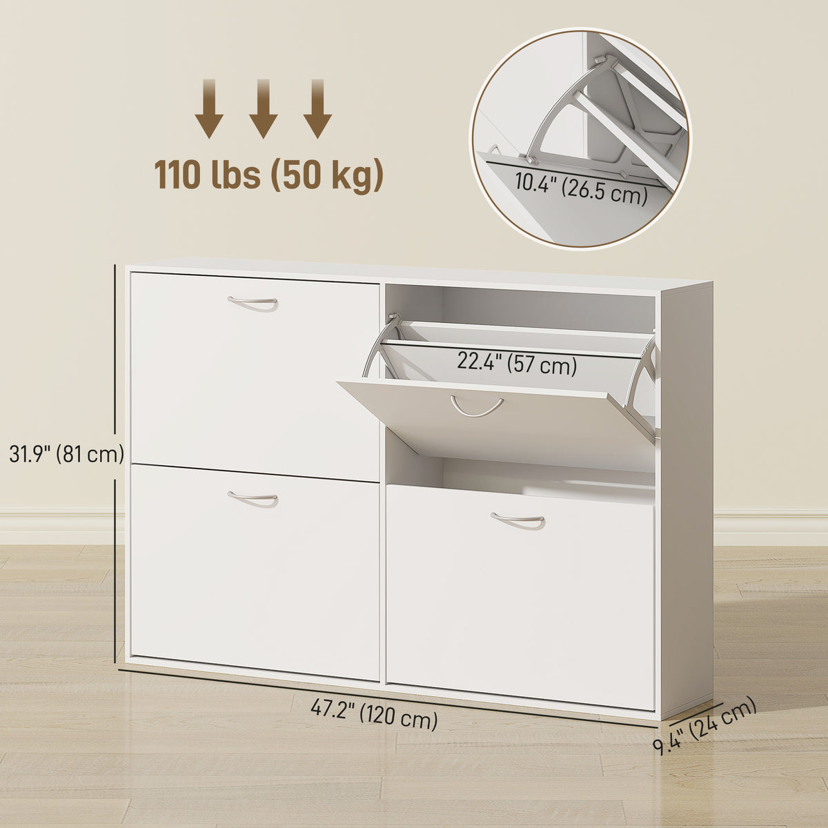 4-Drawer Flip Down Shoe Rack - White Wooden Cabinet-Home Furnishings > Storage & Organization > Shoe Storage Cabinets & Racks-DECOROLALA