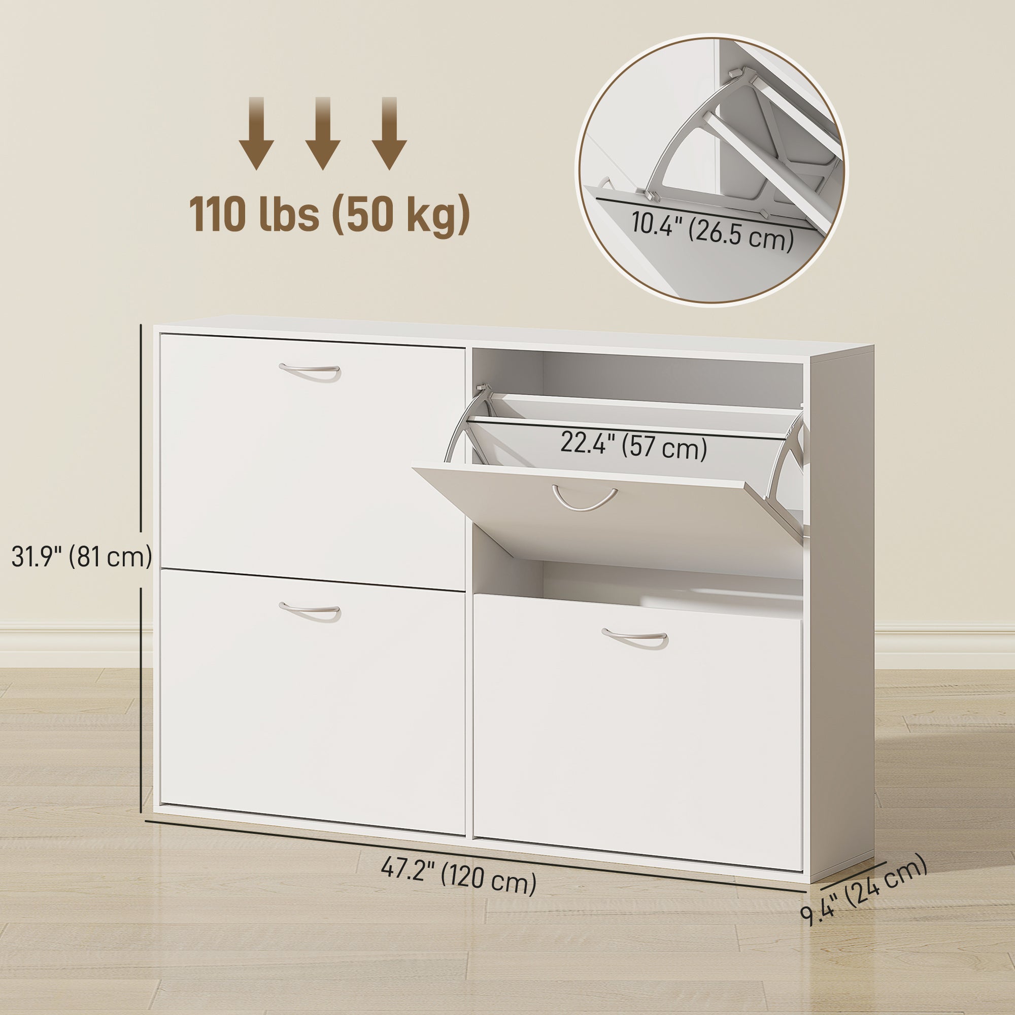 4-Drawer Flip Down Shoe Rack - White Wooden Cabinet-Home Furnishings > Storage & Organization > Shoe Storage Cabinets & Racks-DECOROLALA