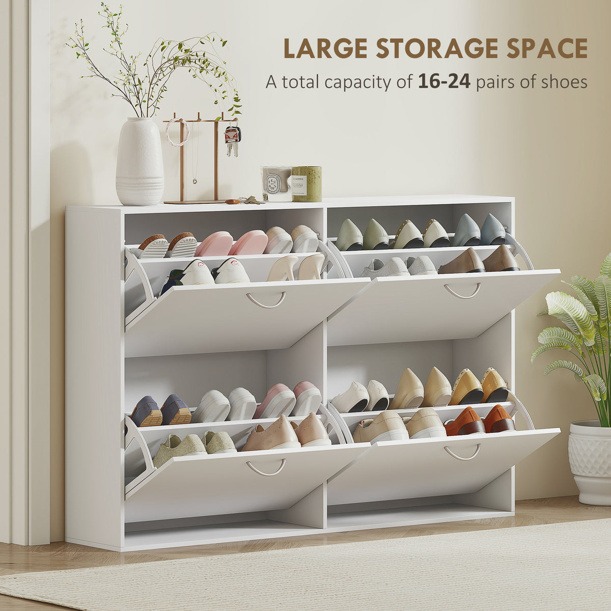 4-Drawer Flip Down Shoe Rack - White Wooden Cabinet-Home Furnishings > Storage & Organization > Shoe Storage Cabinets & Racks-DECOROLALA